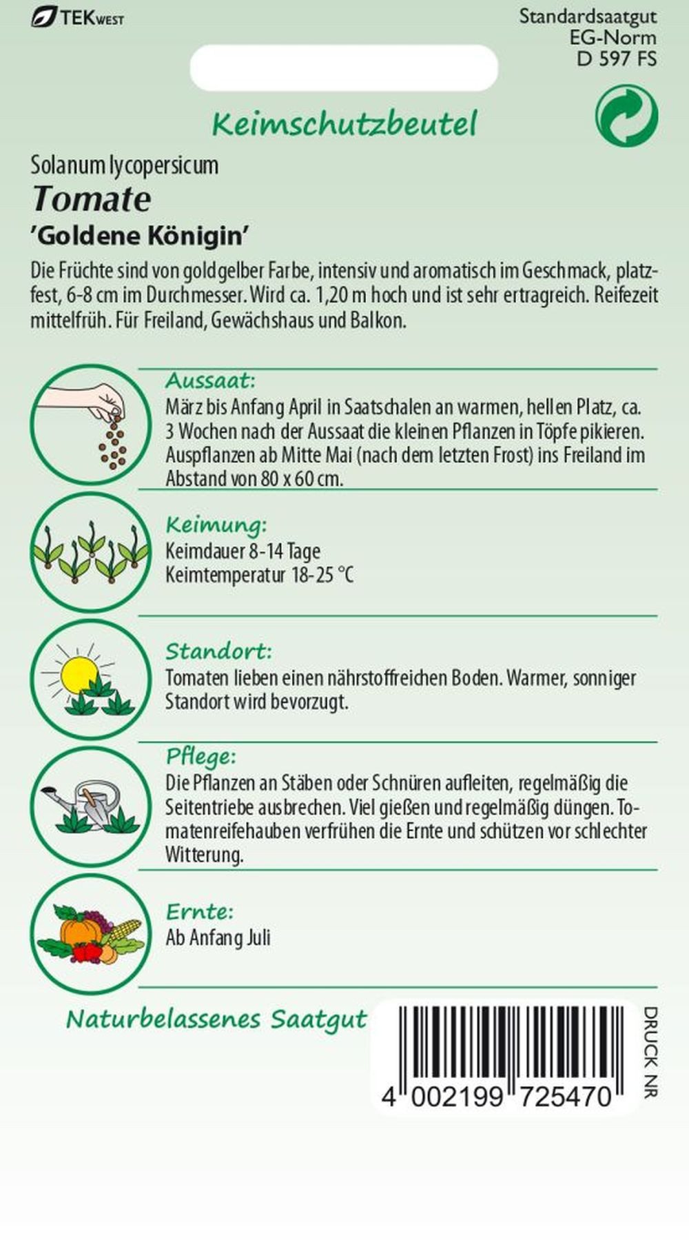 SAMEN PFANN Gemüsesamen Tomate, Goldene Königin - Saatgut Tomaten Samen, Solanum lycopersicum, var. Goldene Königin