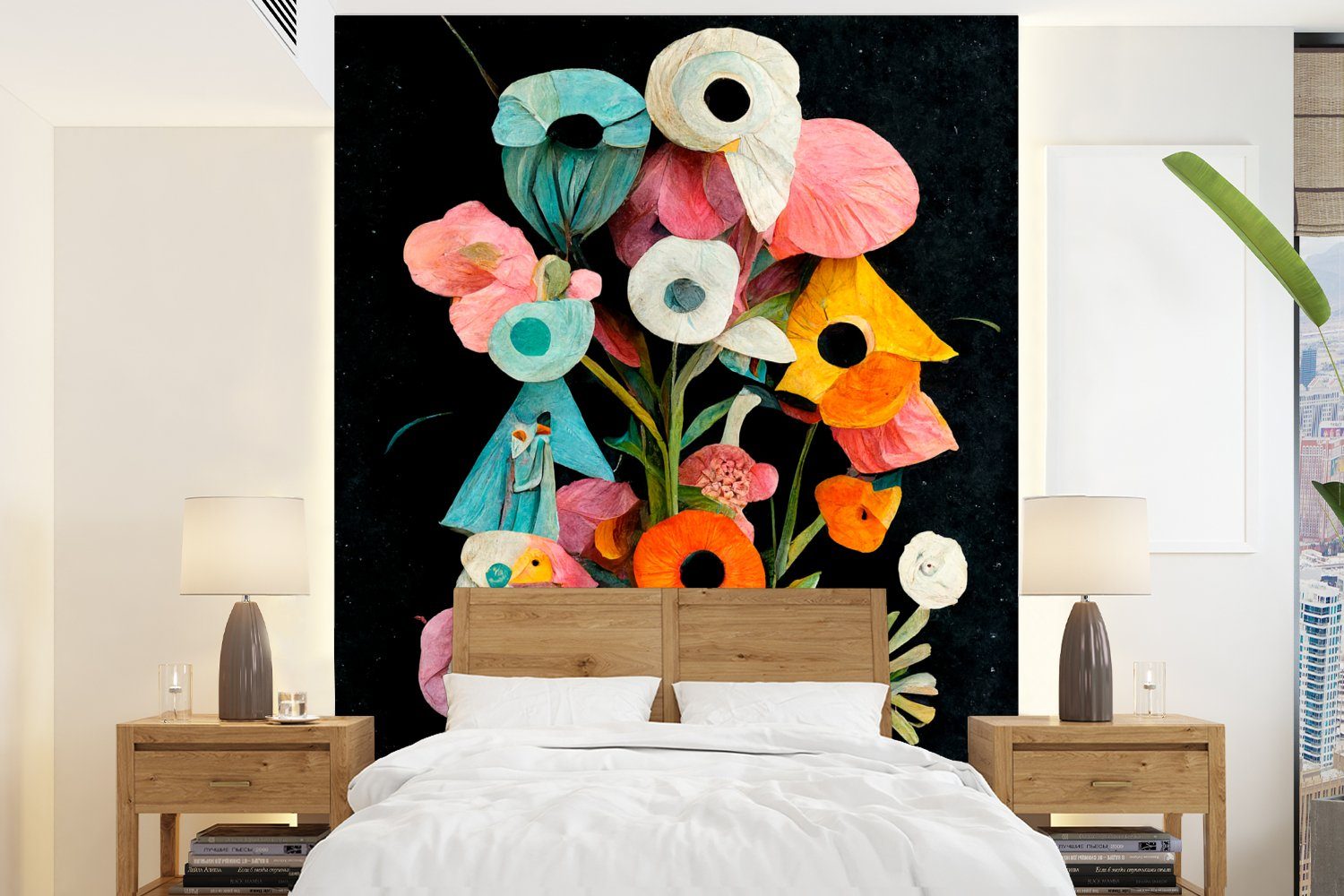 MuchoWow Fototapete Blumenstrauß - Vase - Blumen - Farben, Matt, bedruckt, (4 St), Montagefertig Vinyl Tapete für Wohnzimmer, Wandtapete
