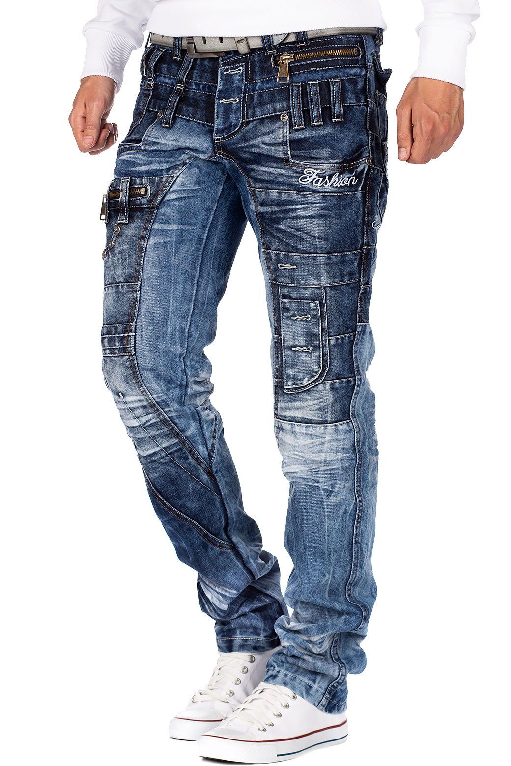 Kosmo Lupo 5-Pocket-Jeans Herren Regular Fit Jeans Stonewashed KM020 Blue W38/L34 (1-tlg) mit aufgesetzten Applikationen