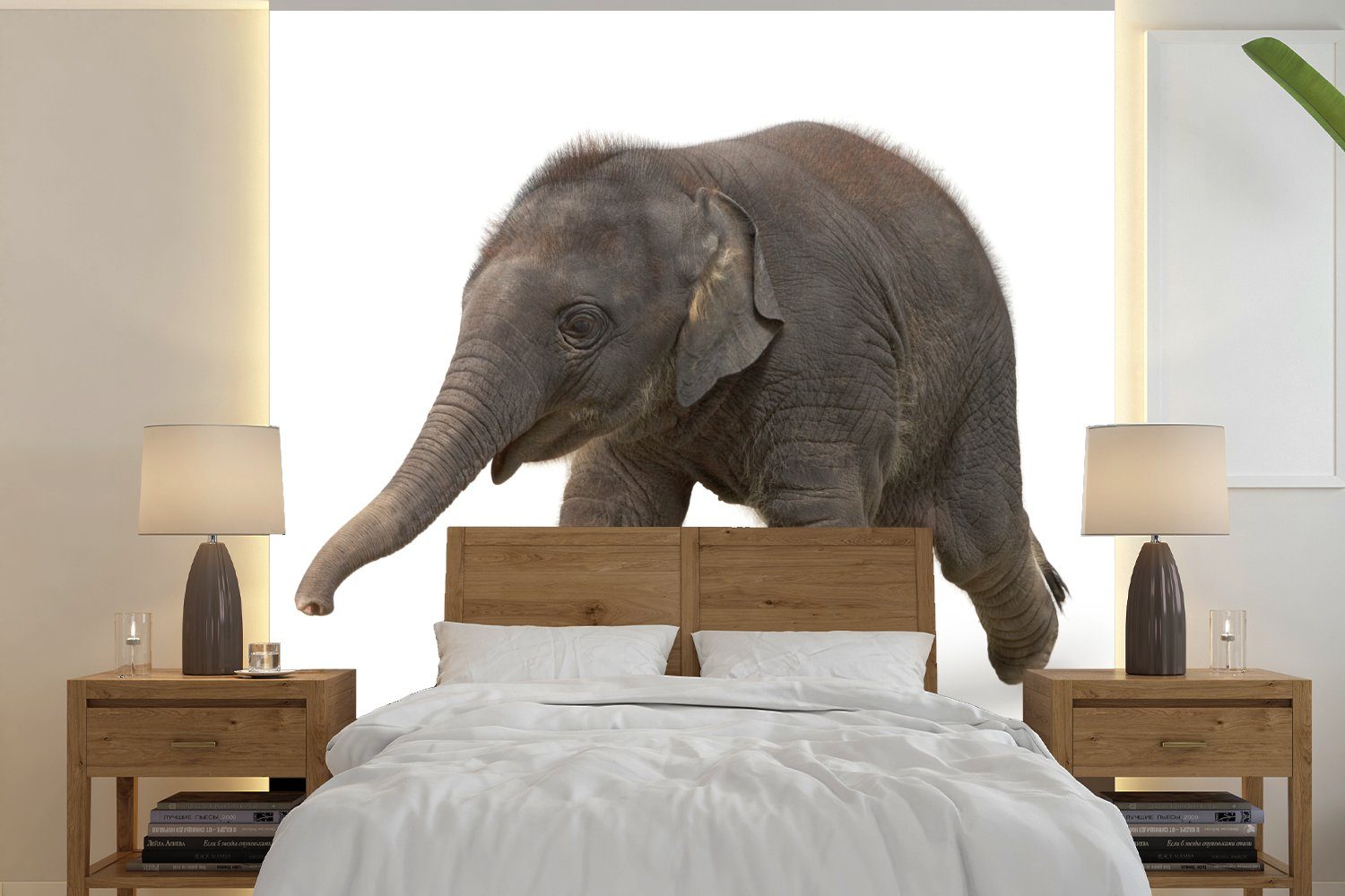 MuchoWow Fototapete Kleiner Elefant auf weißem Hintergrund, Matt, bedruckt, (4 St), Vliestapete für Wohnzimmer Schlafzimmer Küche, Fototapete