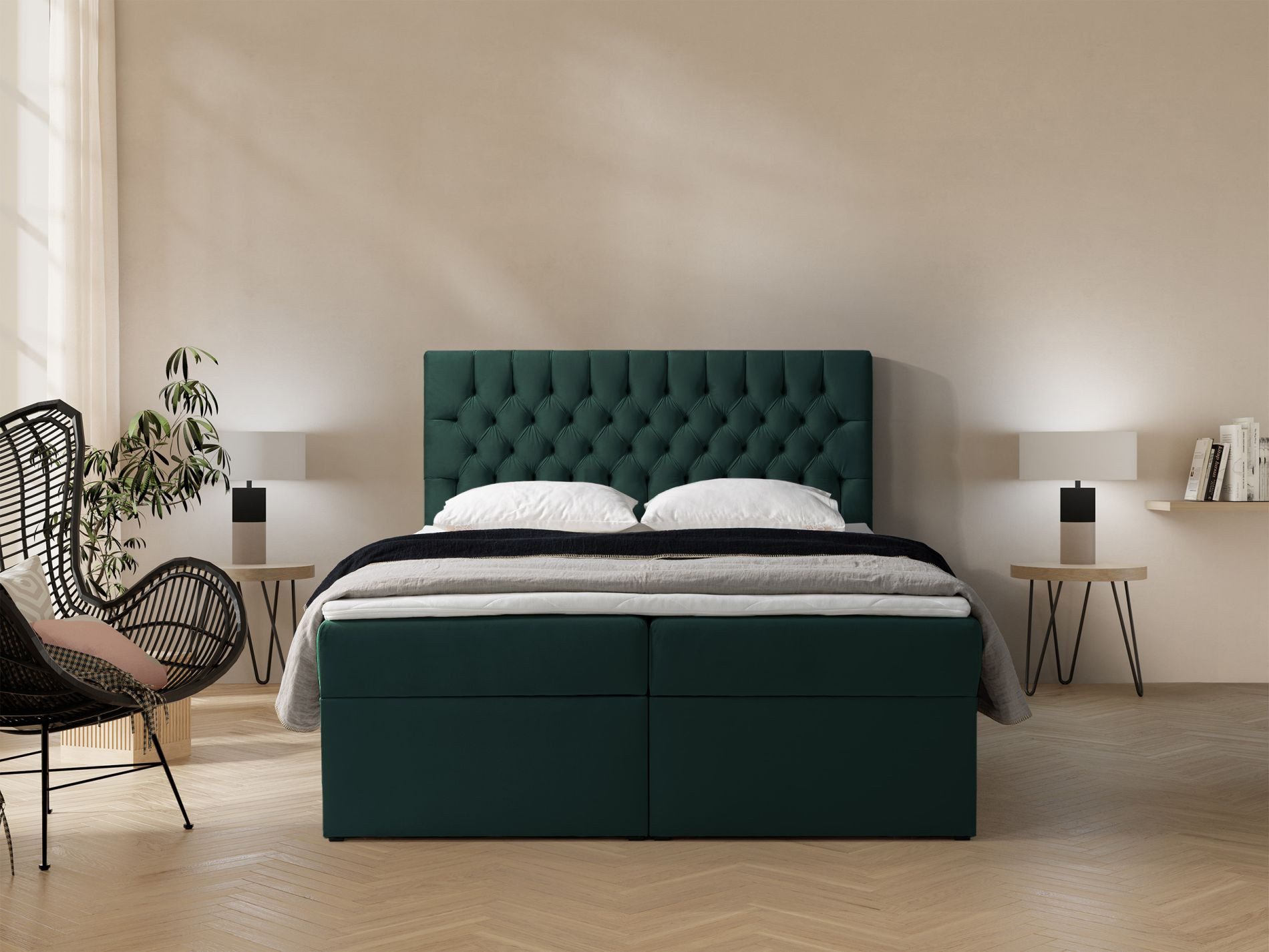 Selsey Boxbett DAISSY, Bett mit Kopfteil Matratze, Topper und Bettkasten, Velours