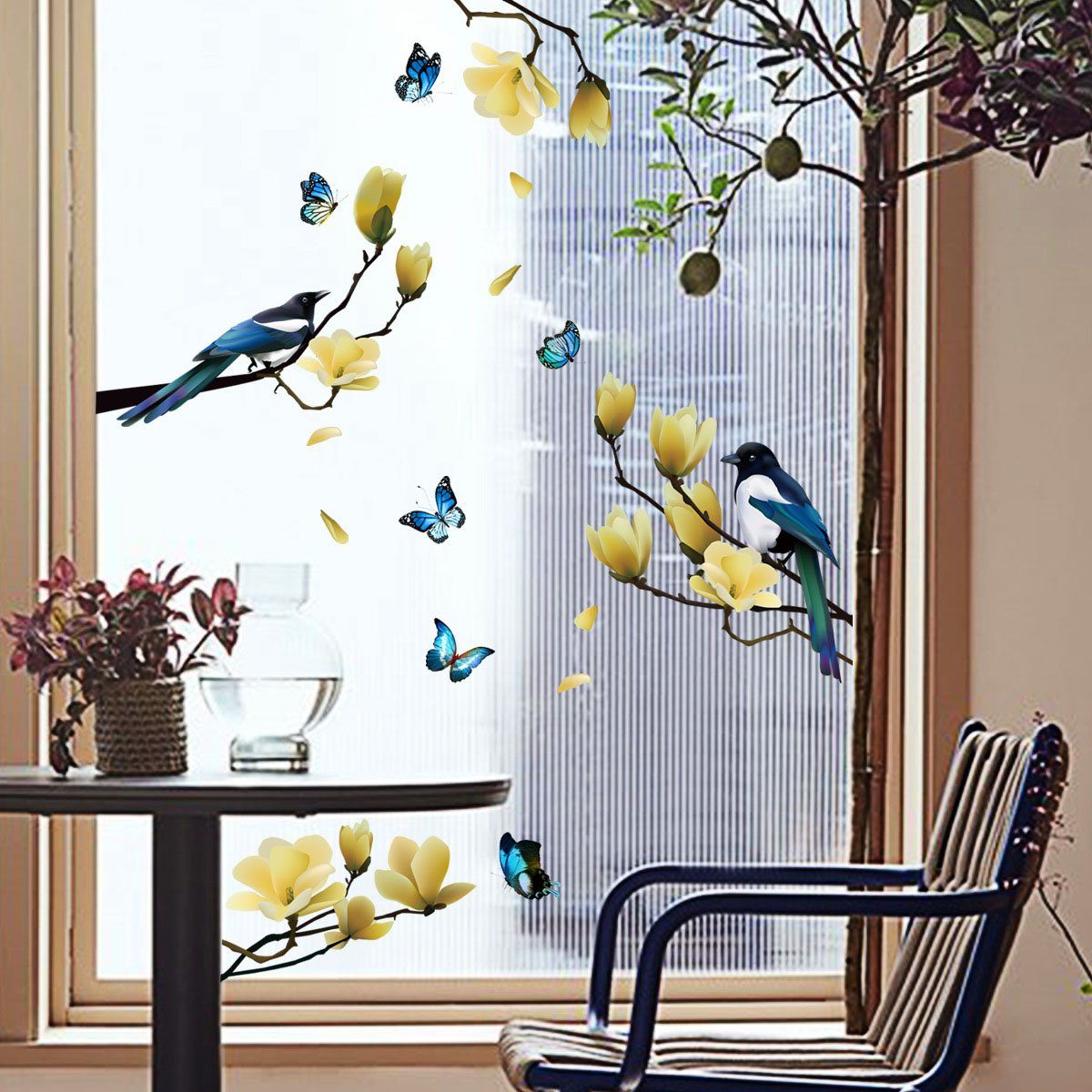 Juoungle Fensterbild 2 set Statische Fensteraufkleber,Frühlingsblume,Vogel,Schmetterling