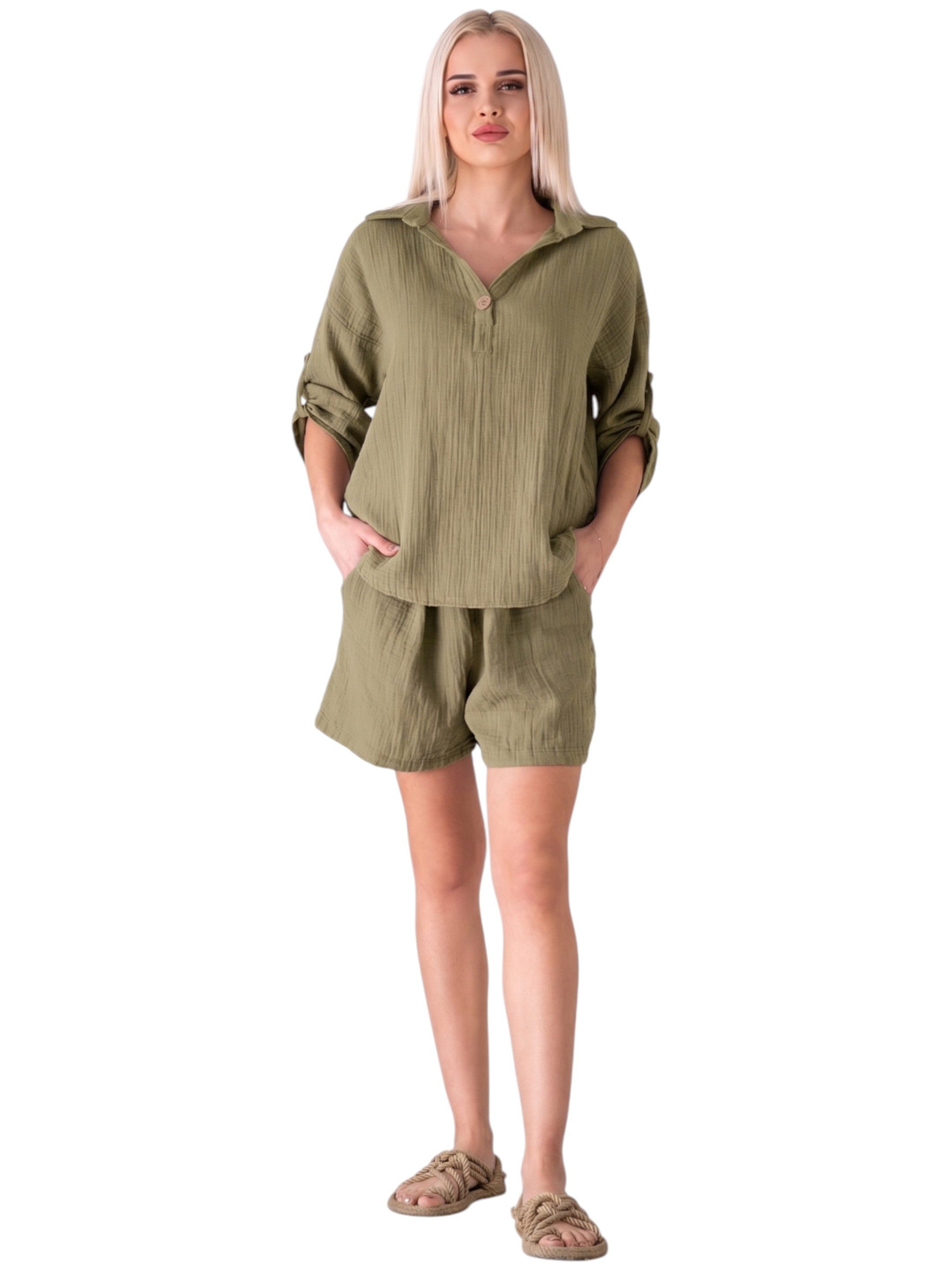 WENOR Schlupfbluse Damen Musselin 100% Baumwolle – Oversize Sommerbluse One Size mit Kokosknopf, Krempelärmel & Seitentaschen – Naturmaterial – Bild 2 von 5
