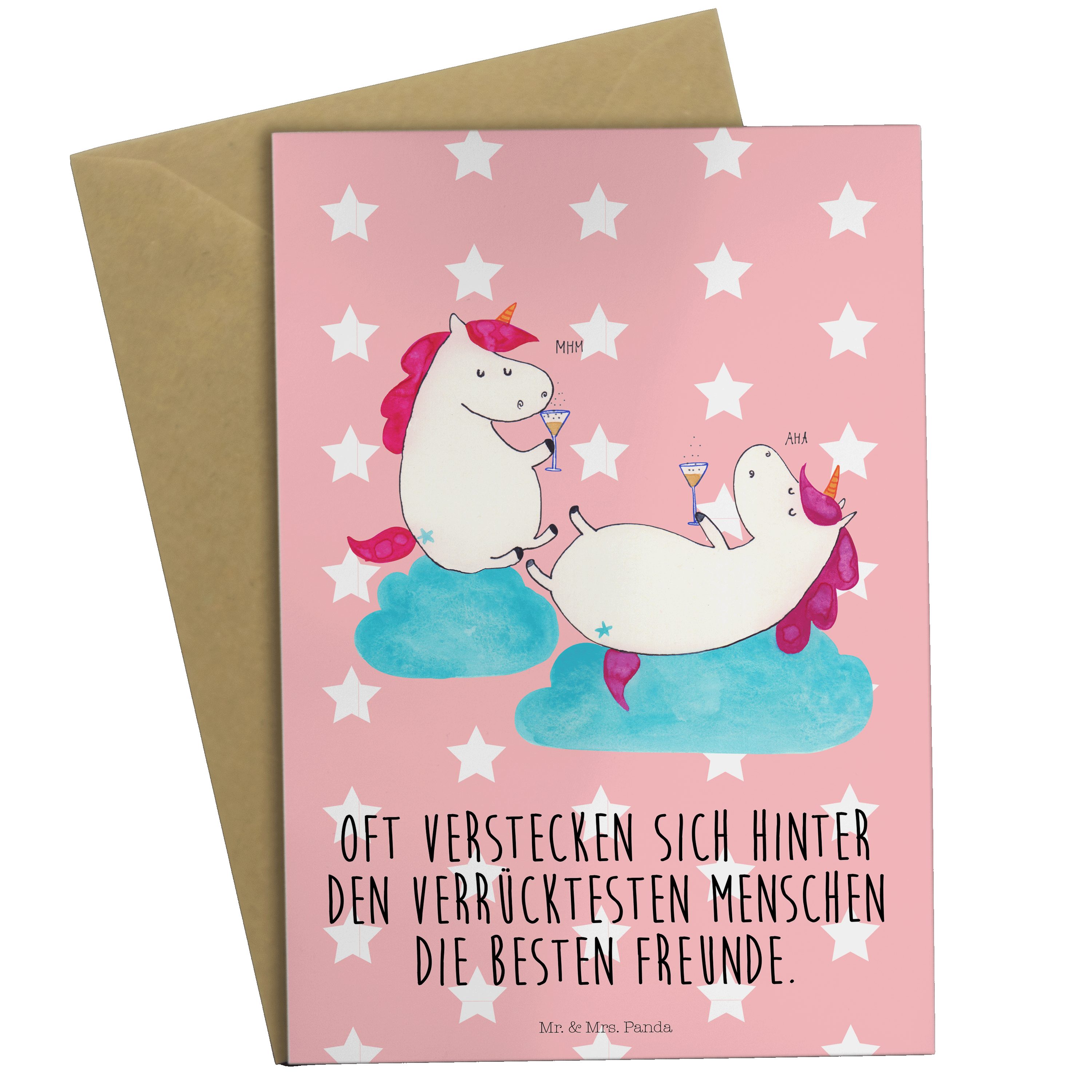 Einhörner Panda Einladungskarte, - Grußkarte - Unicorn, Mrs. Mr. K Pastell & Sekt Geschenk, Rot