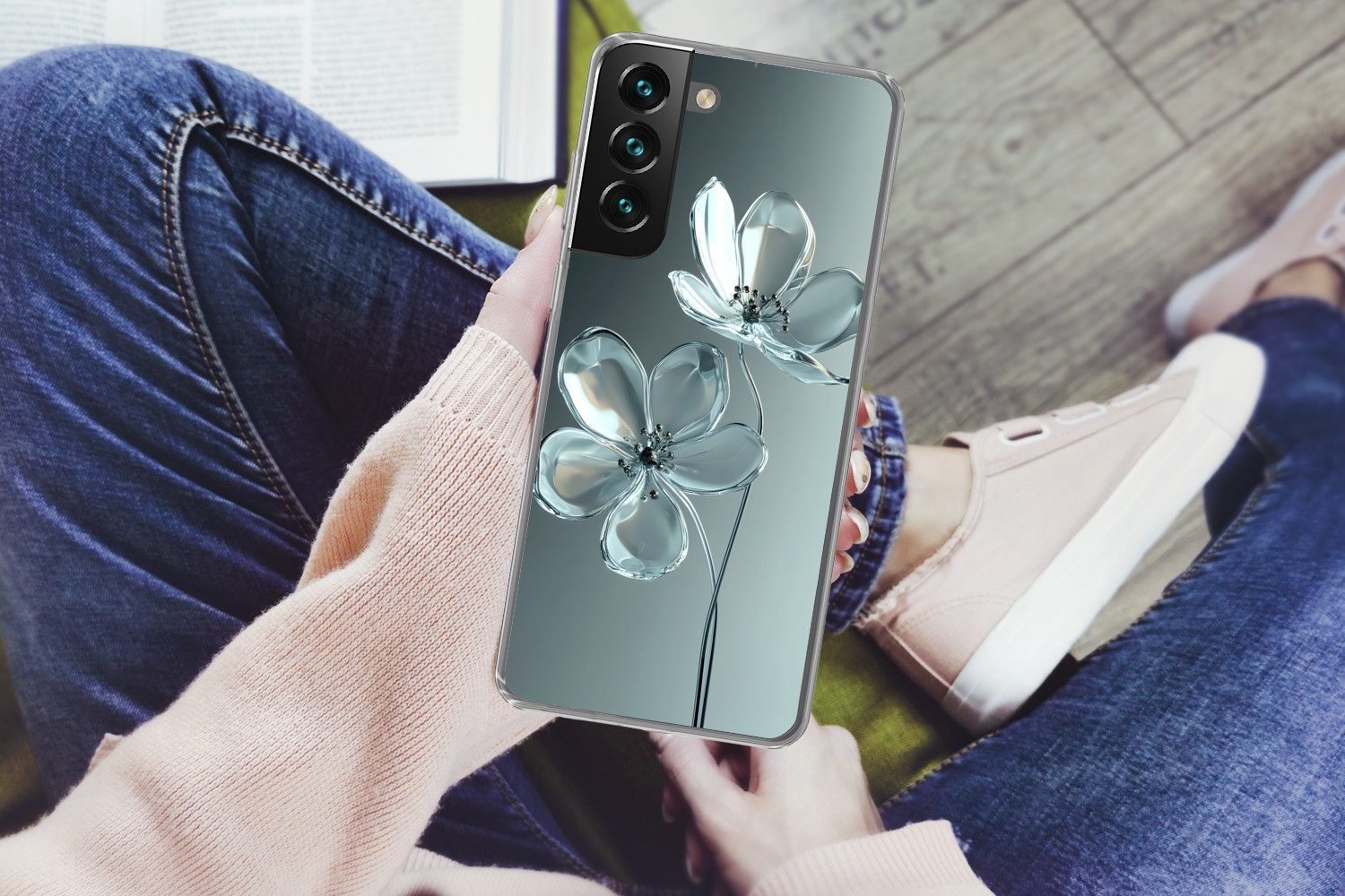 MuchoWow Handyhülle für Samsung Galaxy S22 Kristall - Blumen - Grau, Phone Case, Silikon, Schutzhülle Dünn