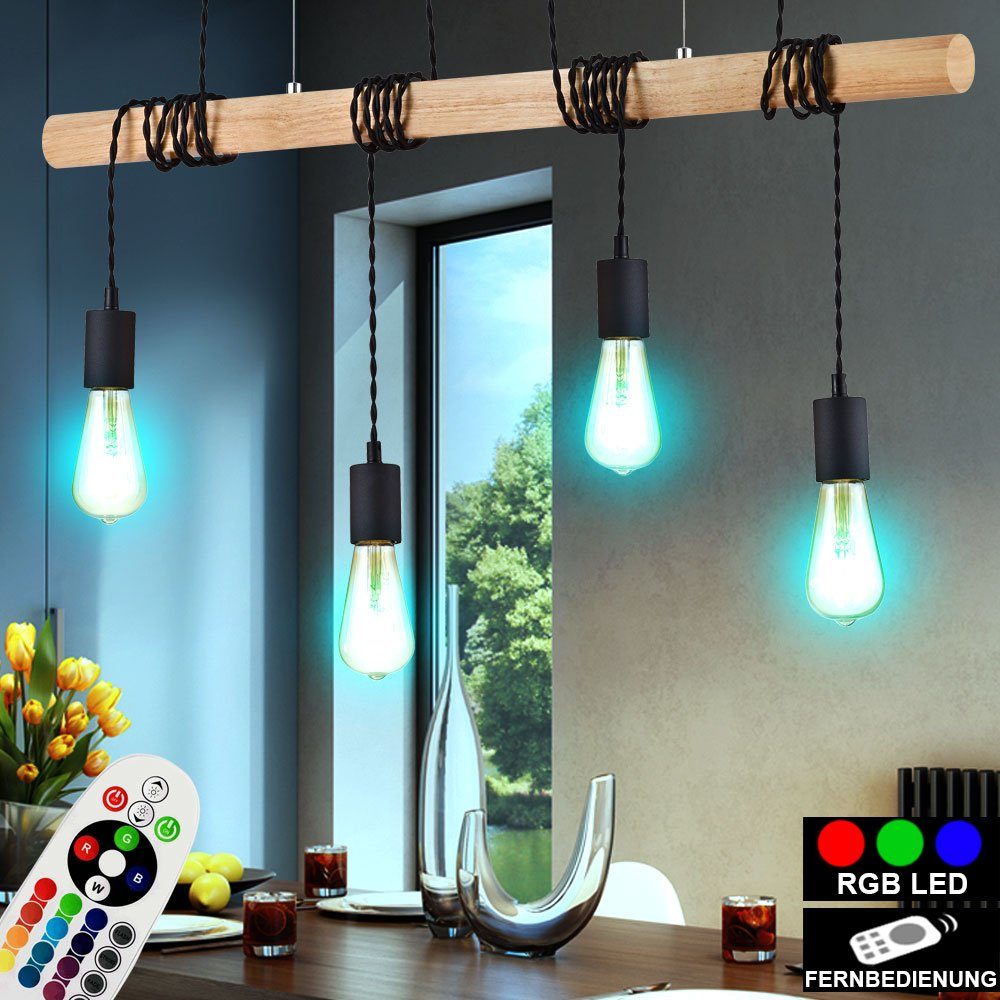 etc-shop LED Pendelleuchte, Leuchtmittel inklusive, Warmweiß, Farbwechsel, Retro Decken Pendel Lampe FERNBEDIENUNG Holz Balken Leuchte