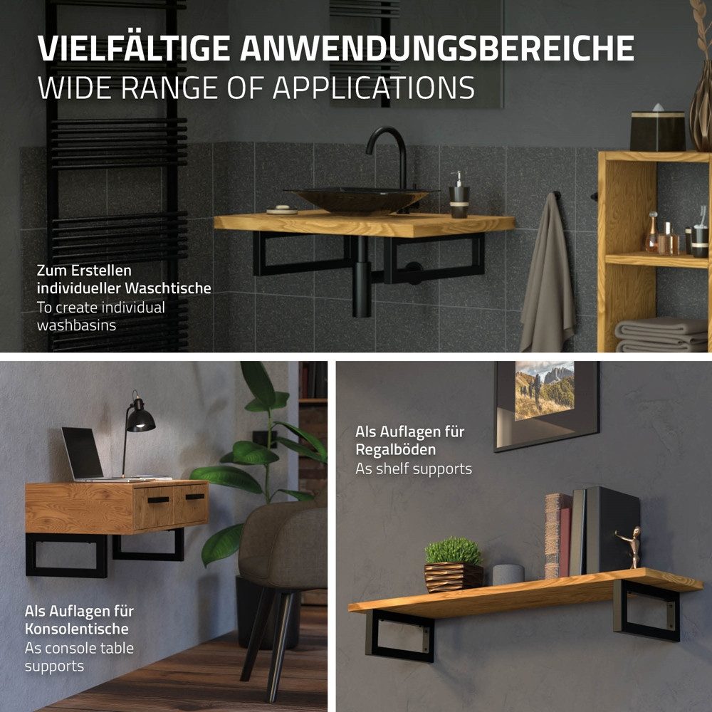 ML-DESIGN Wandregalhalter 2er Set Wandhalterung Unterbau für Waschtischplatte, aus Stahl, 2-tlg., Waschtischhalterung Schwarz, Regalträger Regalhalter Wandkonso – Bild 4 von 5