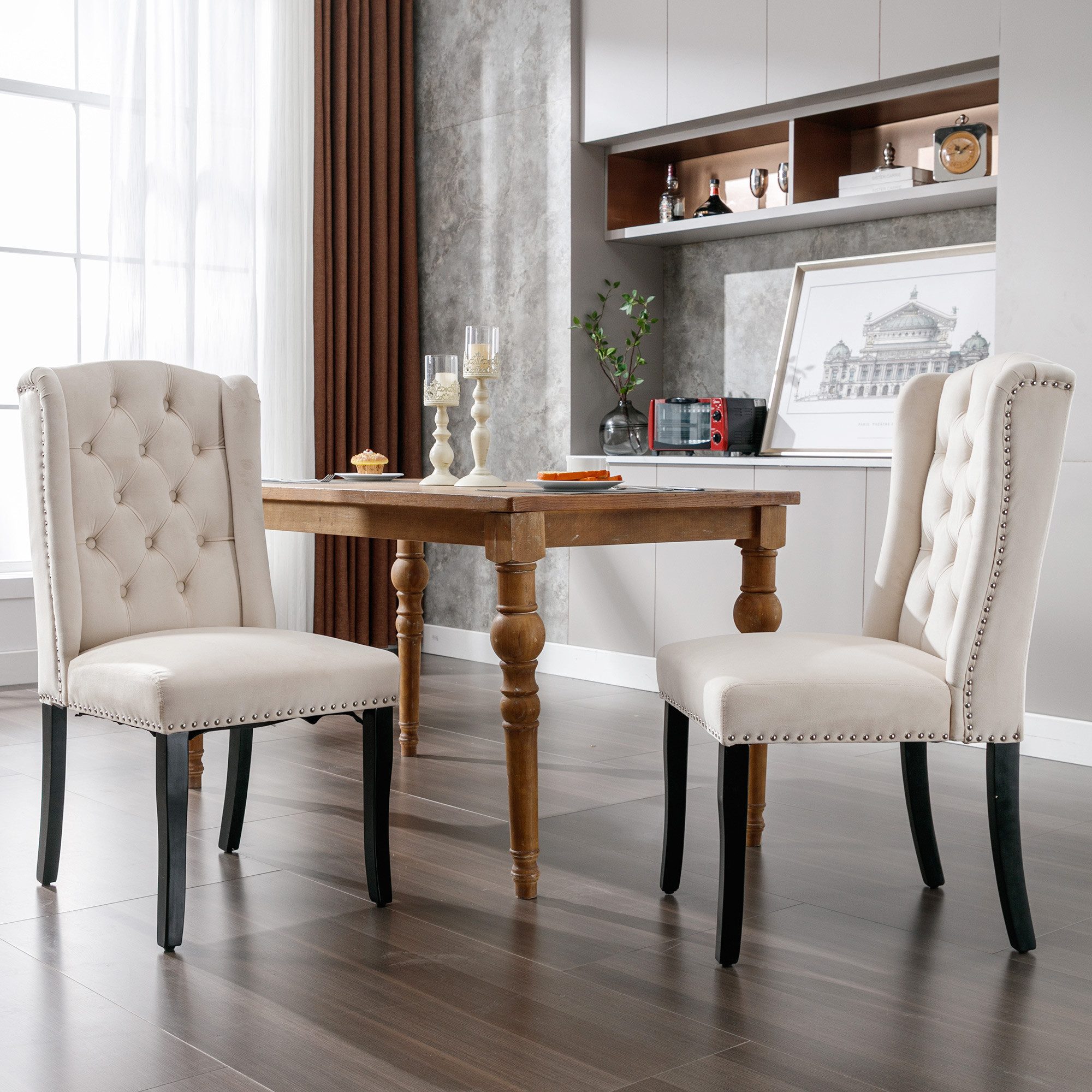BlingBin Esszimmerstuhl 2er Set Freizeitstuhl, Samt Esszimmerstühle mit Eichenbeinen, Knopf (Chrom Klopfer und Nagelkopf Besatz, 1 St), Schlafzimmerstuhl Küchenstuhl Wohnzimmer Lounge, Beige