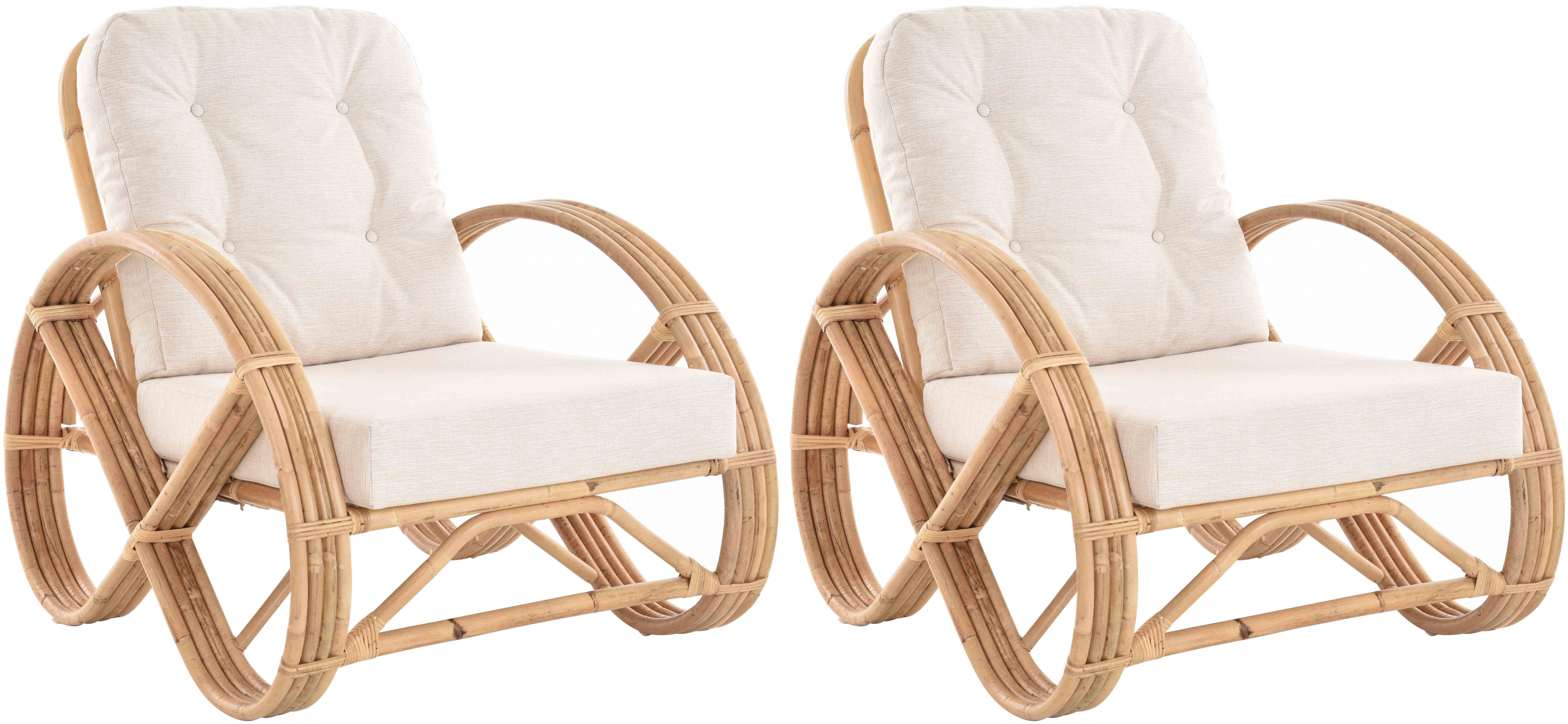Krines Home Relaxsessel 2er Set Wintergarten Sessel Natur Rattan gestäbt Wohnzimmer Polster