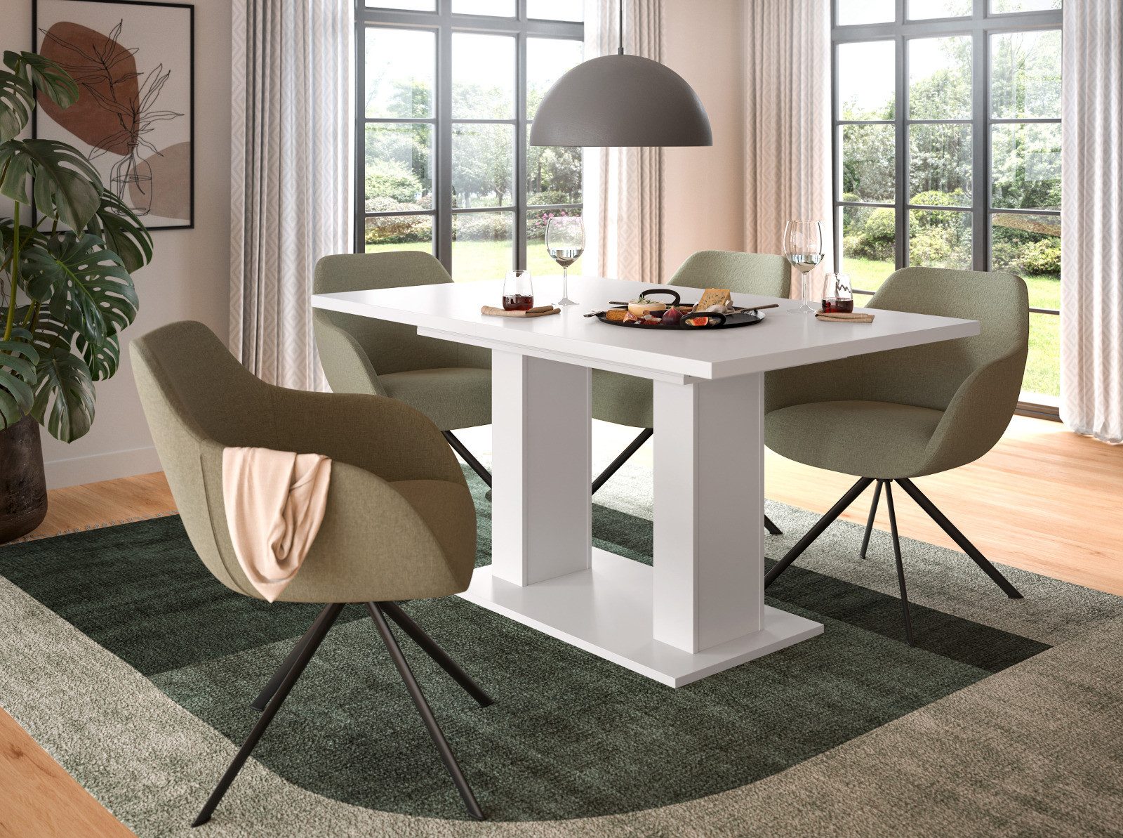 Inn.Furn Säulen-Esstisch Home-X (Küchentisch in Weiß, ausziehbar 150 - 190 cm), für bis zu 8 Personen