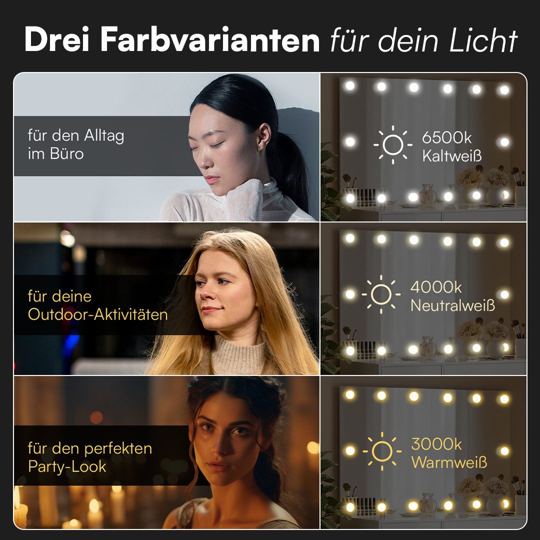 Bellamio Schminktisch Nore mit Spiegel, mit und ohne LED-Beleuchtung (Weiß, 5 Schubladen, 110x70x53 cm), Kosmetiktisch mit 3 Farbstufen & Touch-Sensor, USB-Ansc – Bild 4 von 5