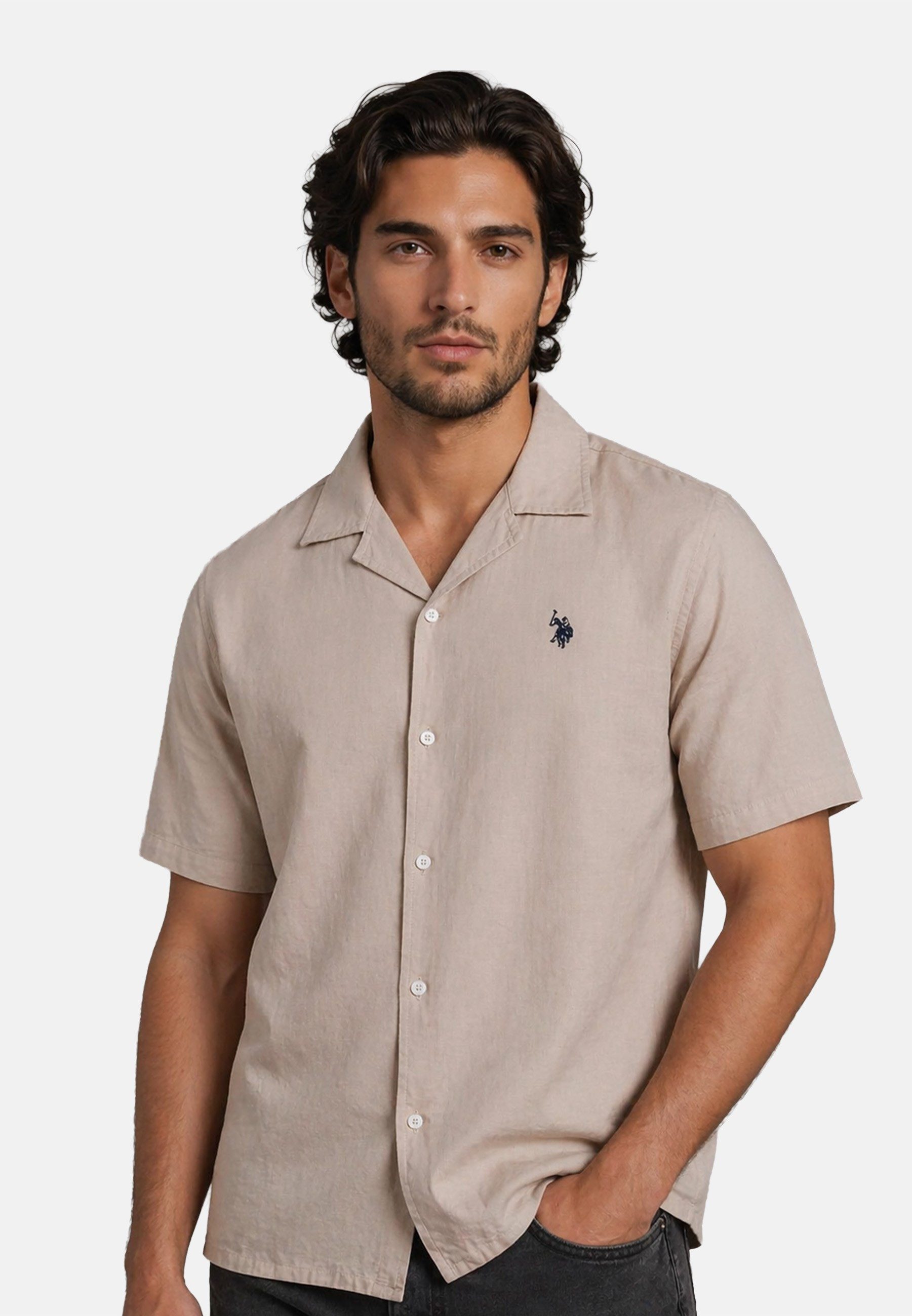 U.S. Polo Assn. Leinenhemd USTyyler Herren Leinenhemd kurzarm – Sommerhemd mit Kubakragen Leichtes Kurzarmhemd aus Leinenmix mit Knopfleiste