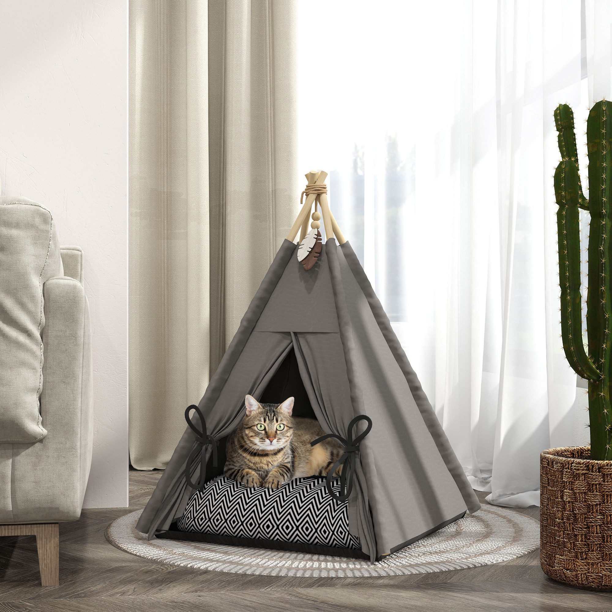 PawHut Tipi Zelt für Haustiere, Katzenzelt mit abnehmbar und waschbar Kissen, Grau von PawHut