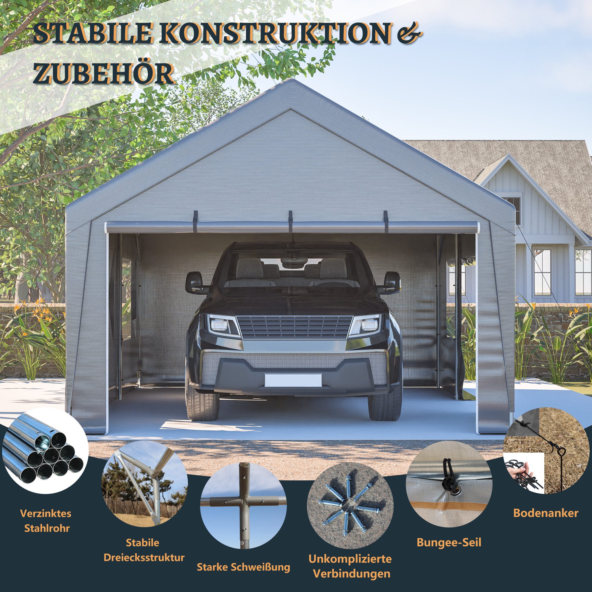 Blossom Garage Garagenzelt 6x4x3 m Gerätehaus mit Fenstern wasserdichtes Allwetter, Zeltgarage Lagerzelt Fahrzeugunterstand für Auto Wohnmobil Garten Grau