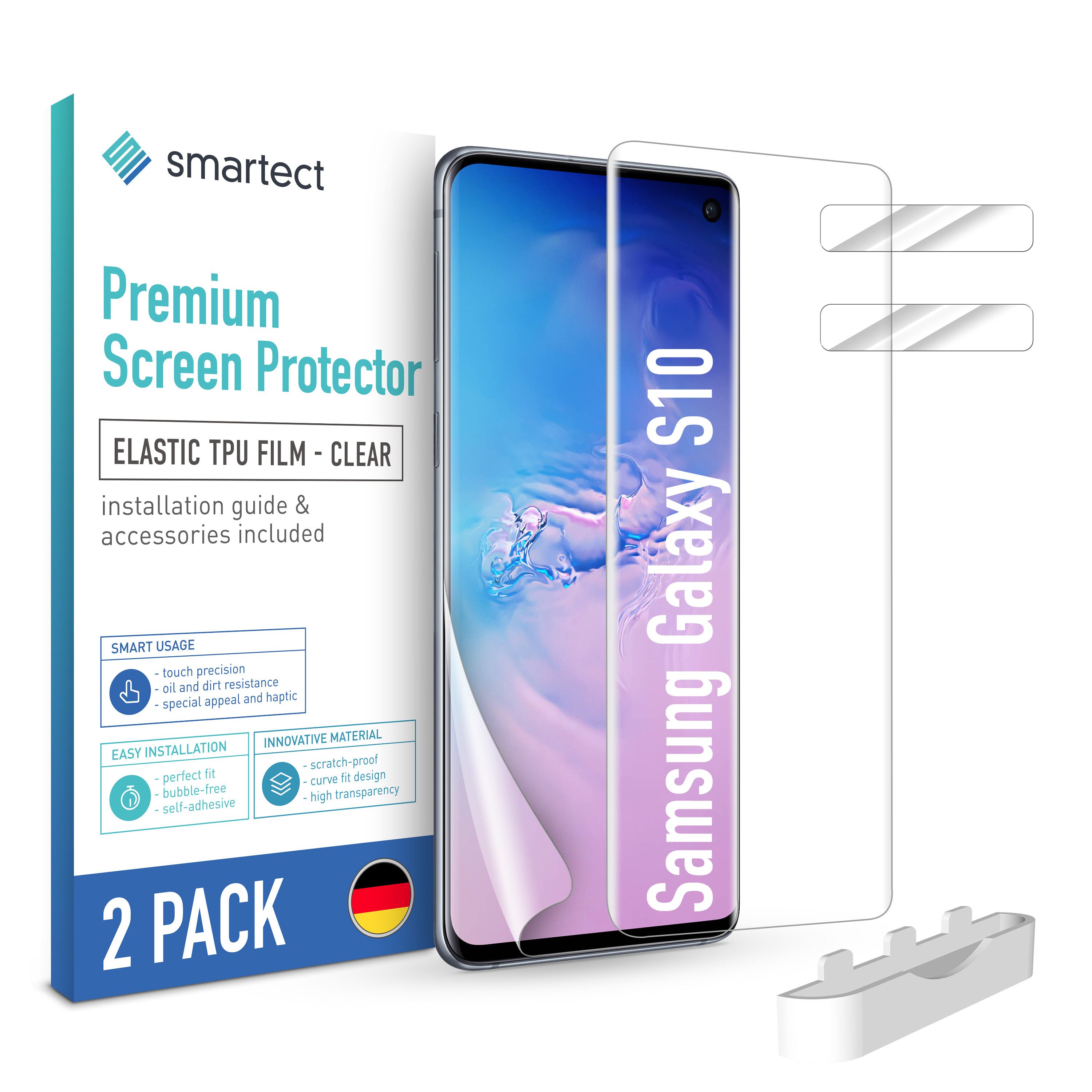 smartect Displayschutzfolie TPU Schutzfolie 2 + 2 Stück für Samsung Galaxy S10 (Display + Kamera) für Samsung Galaxy S10, Set, 2 Stück, Ultra-klar, Kratzfest, Blasenfrei, Oleophob, Fingerabdruck kompatibel