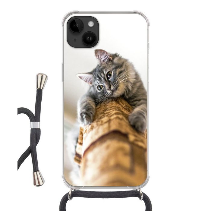 MuchoWow Handyhülle Katze - Kratzbaum - Grau Handyhülle Telefonhülle Apple iPhone 14 Plus