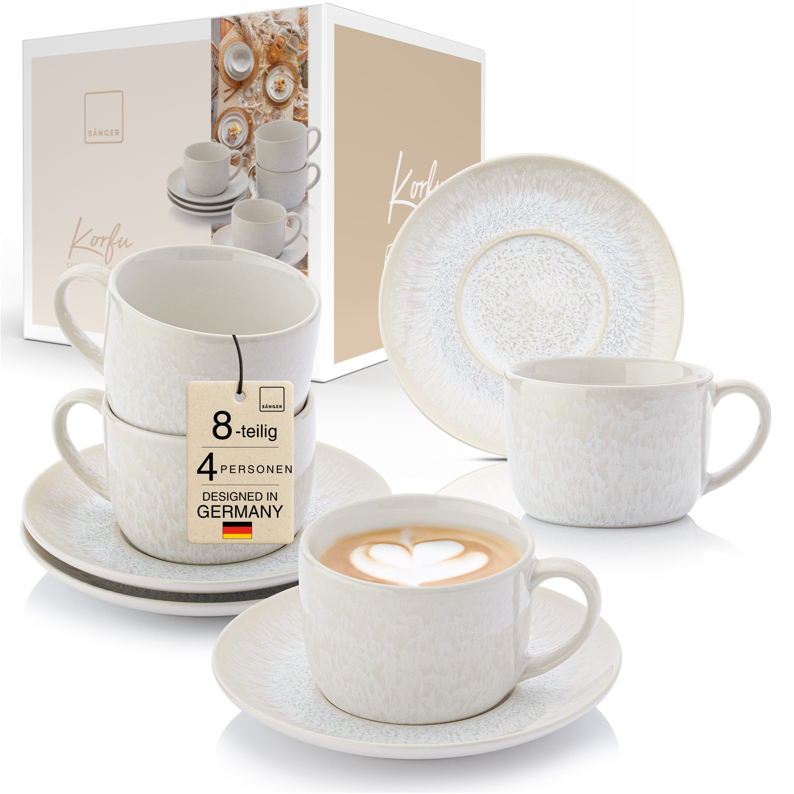 SÄNGER Becher Korfu Kaffeebecher Set (4-teilig), 8-tlg., Steingut, Creme Farben mit sandiger Maserung, Handmade, Premium Collection
