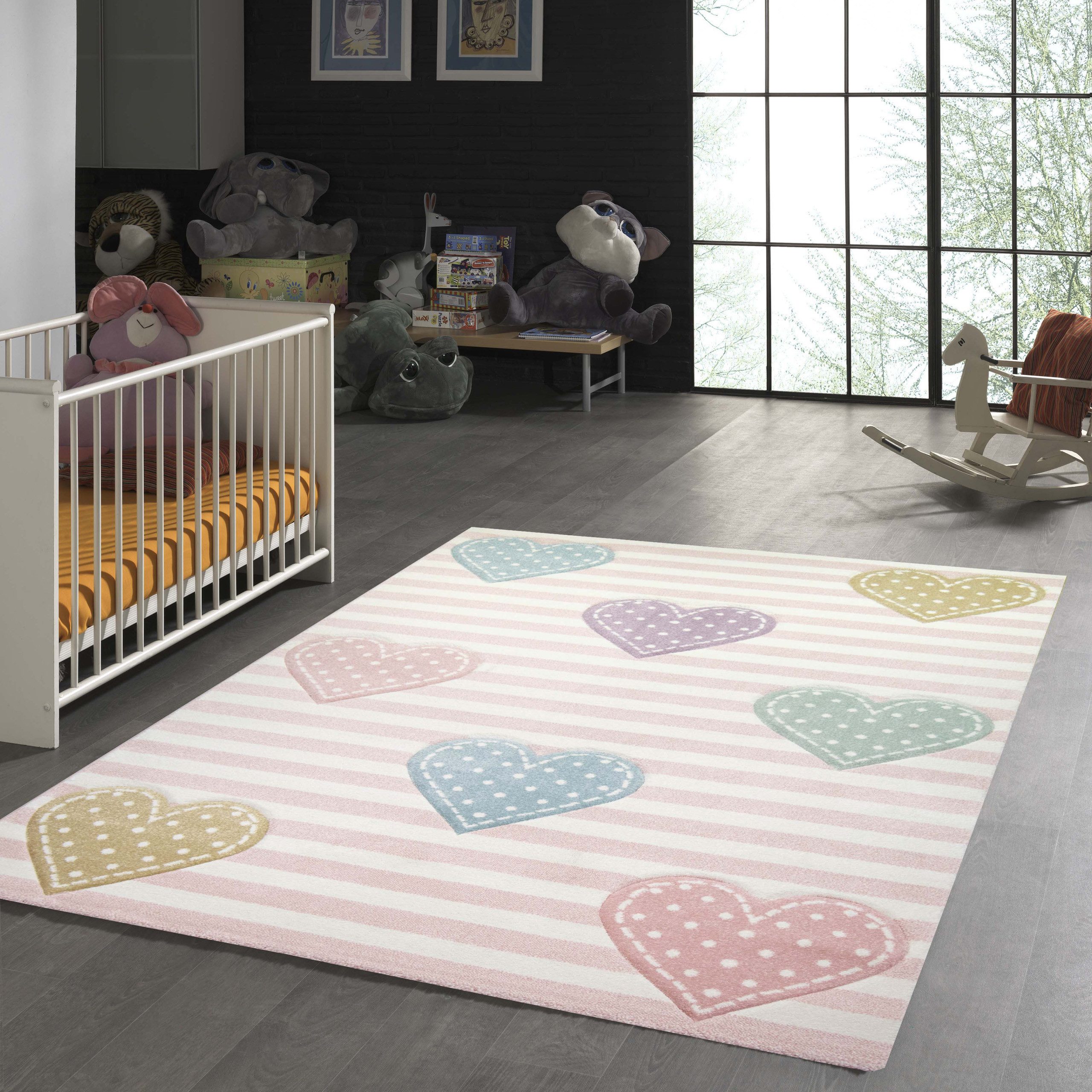 TeppichHome24 Kinderteppich Kinderteppich Sterne Kinderzimmerteppich Mädchen in rosa creme grau, rechteckig