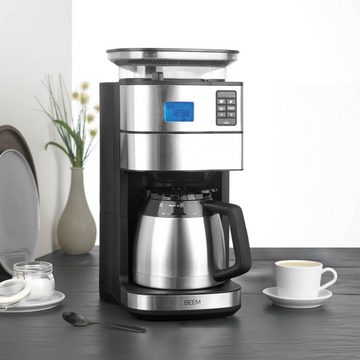 BEEM Filterkaffeemaschine, 1.25l Kaffeekanne, Permanentfilter, Korbfiltertüten, Thermokanne und 24h Timer Kegelmahlwerk