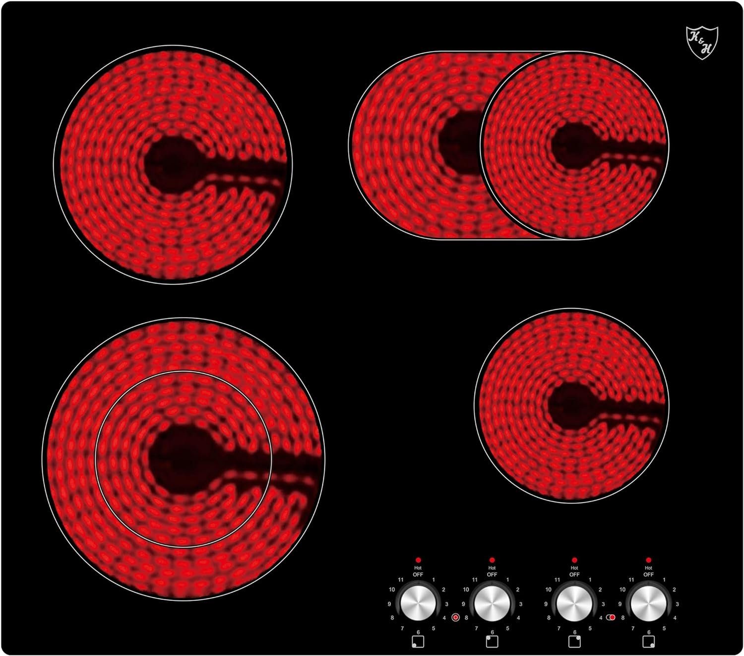 K&H Elektro-Kochfeld K&H® 4 Zonen Glaskeramikkochfeld 59cm Knebel Steuerung Elektro Autark Eingebaut CK-7206K, Einbaufähig und Autark