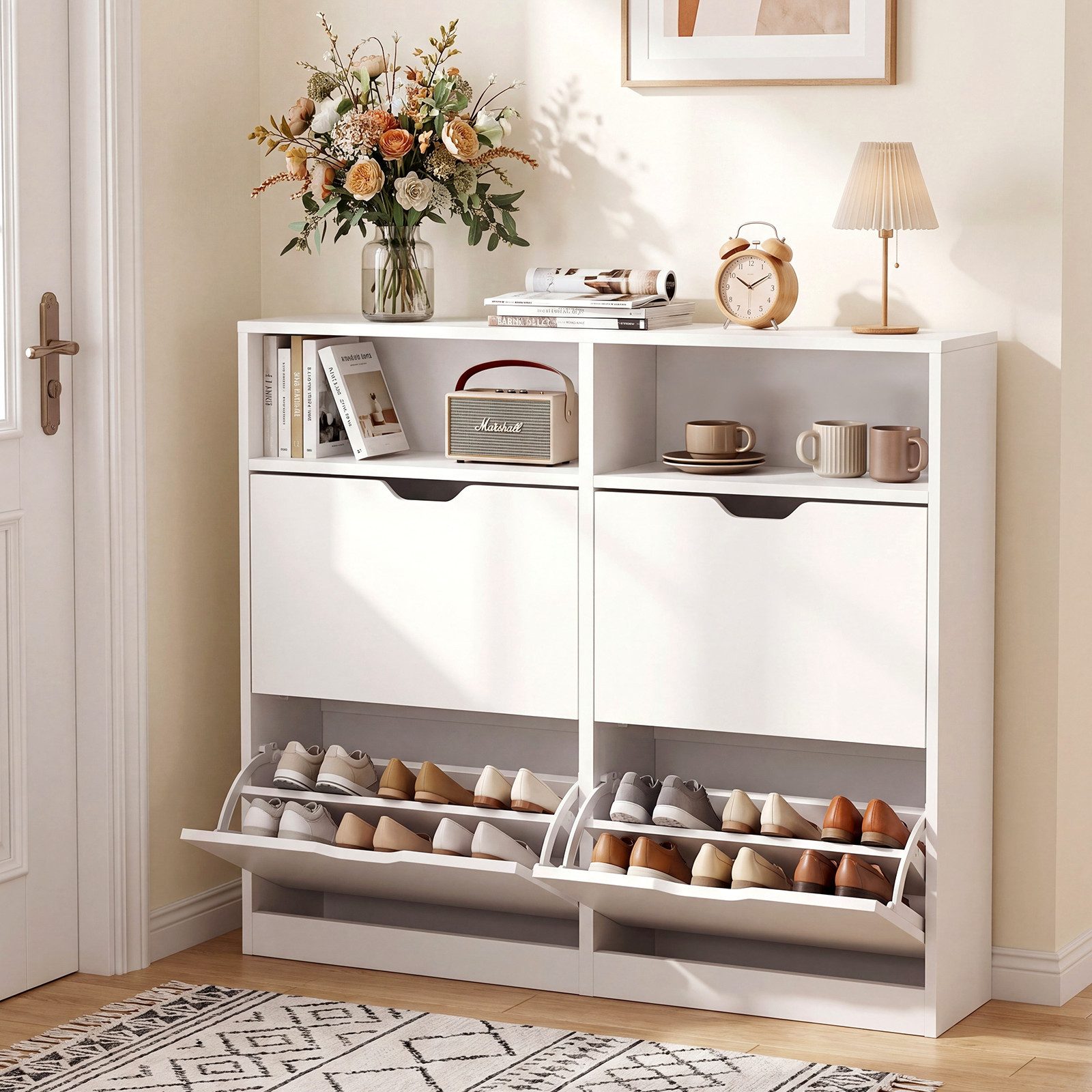 VOWNER Schuhschrank mit 4 Klappen, schmal, 105 x 24 x 100 cm