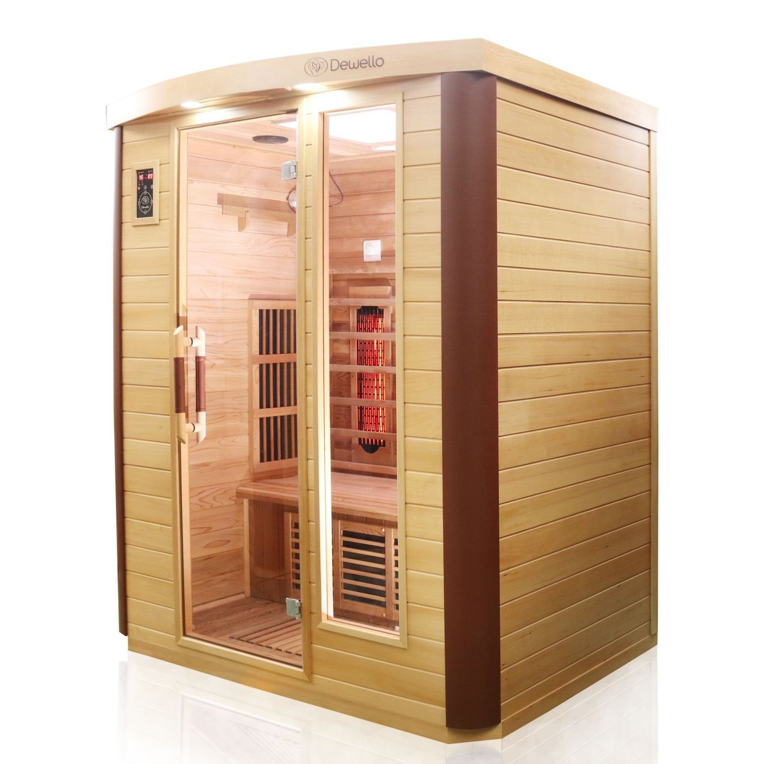 Dewello Infrarotkabine TORONTO 160 Wärmekabine, für bis zu 4 Personen, 5 Vollspektrumstrahler, BxTxH: 160 x 110 x 190 cm, (Farblichttherapie, Ionisator mit Ozondesinfektion und Aromatherapie, Multimedia und zusätzlich USB-Anschluss & Bluetooth möglich) Sauna aus Hemlock-Tannenholz, leichter Aufbau dank Stecksystem