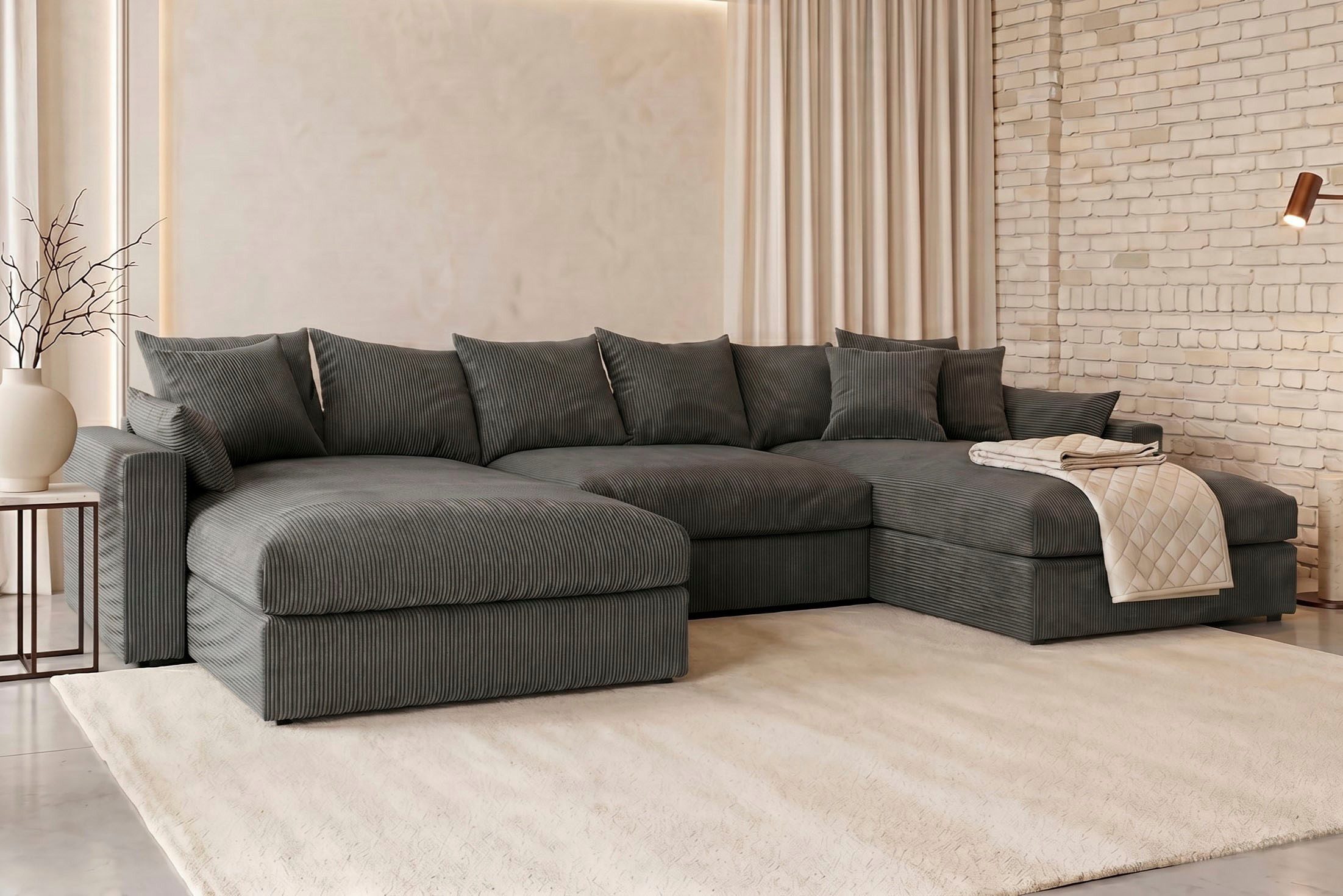 OTTO home Wohnlandschaft Cosy Lounge U-Form, Breite 385 cm, Mega-Sofa mit Cordstoff bezogen, mit Federkern & 5 Zierkissen