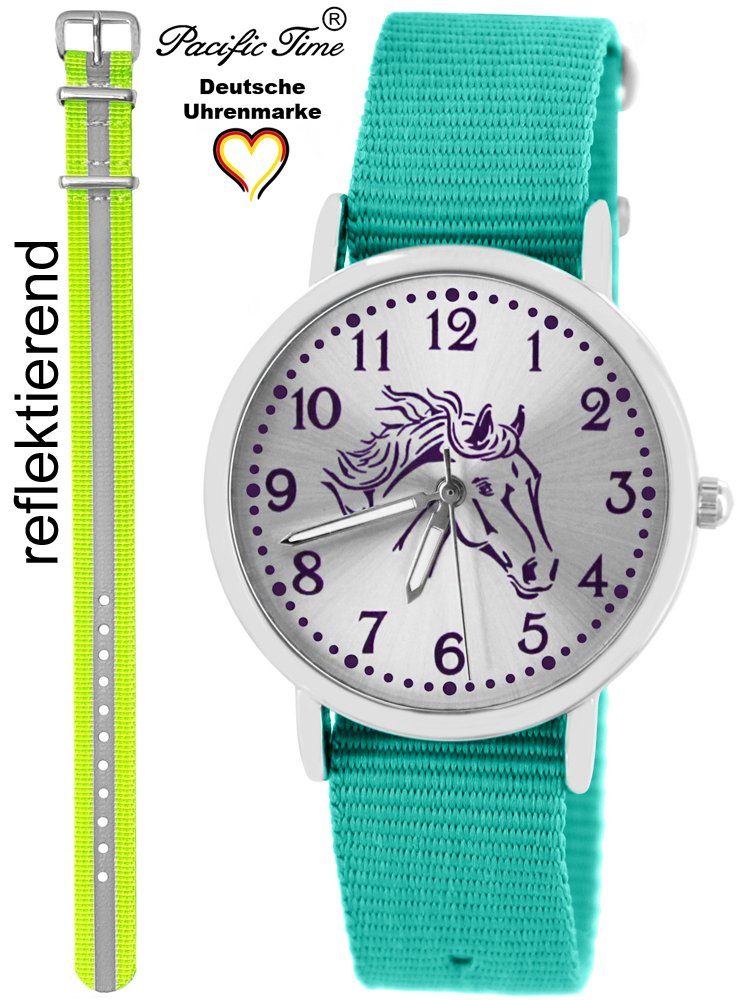und Pferd Mix gelb Gratis Armbanduhr Set Design Time - Wechselarmband, Reflektor Kinder Match türkis Pacific violett Versand Quarzuhr und