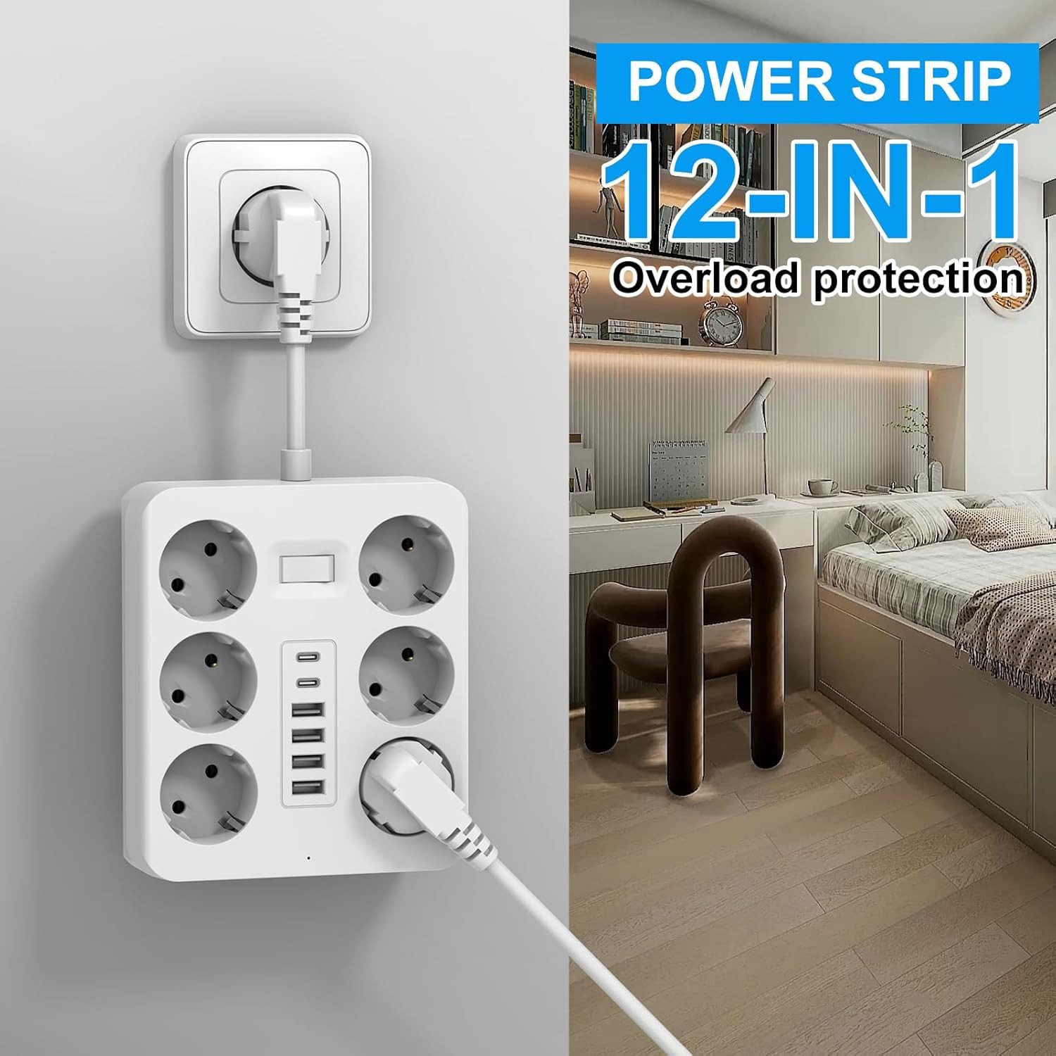ShenzhenJilongLightingElectricalAppliances Co.,Ltd. 12in1 Steckdosenadapter mit 6 Schutzkontaktsteckdosen und 6 USB Ports Mehrfachsteckdose 12-fach (Ein-/Ausschalter, 2x USB-C Ports, Automatisches Abschalten bei Fehlfunktion, Überlastschutz, 4x USB-A Ports, 6x Steckdosen, Überlastschutz, Automatische Abschaltung bei Fehlfunktion), Gleichzeitiges Laden mehrerer Geräte USB erkennt angeschlossene Geräte