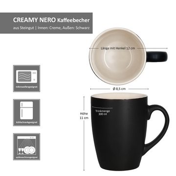 MamboCat Becher 6x Creamy Nero Kaffeebecher 300ml H11cm schwarz & creme 6 Personen, Steingut