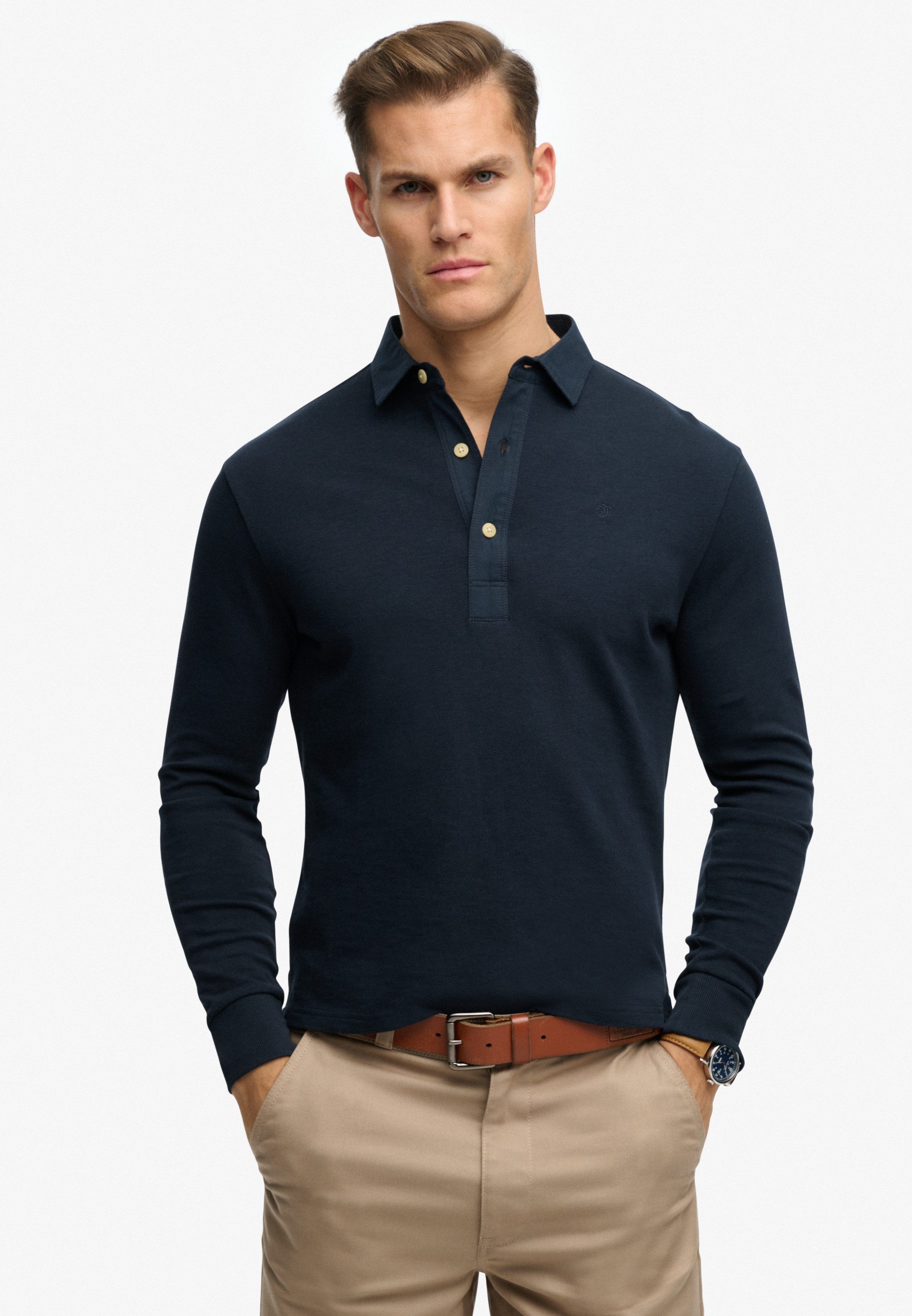 Superdry Langarm-Poloshirt CLASSIC RUGBY TOP aus Baumwolle und Single Jersey, Relaxed Fit, mit kurzer Knopfleiste