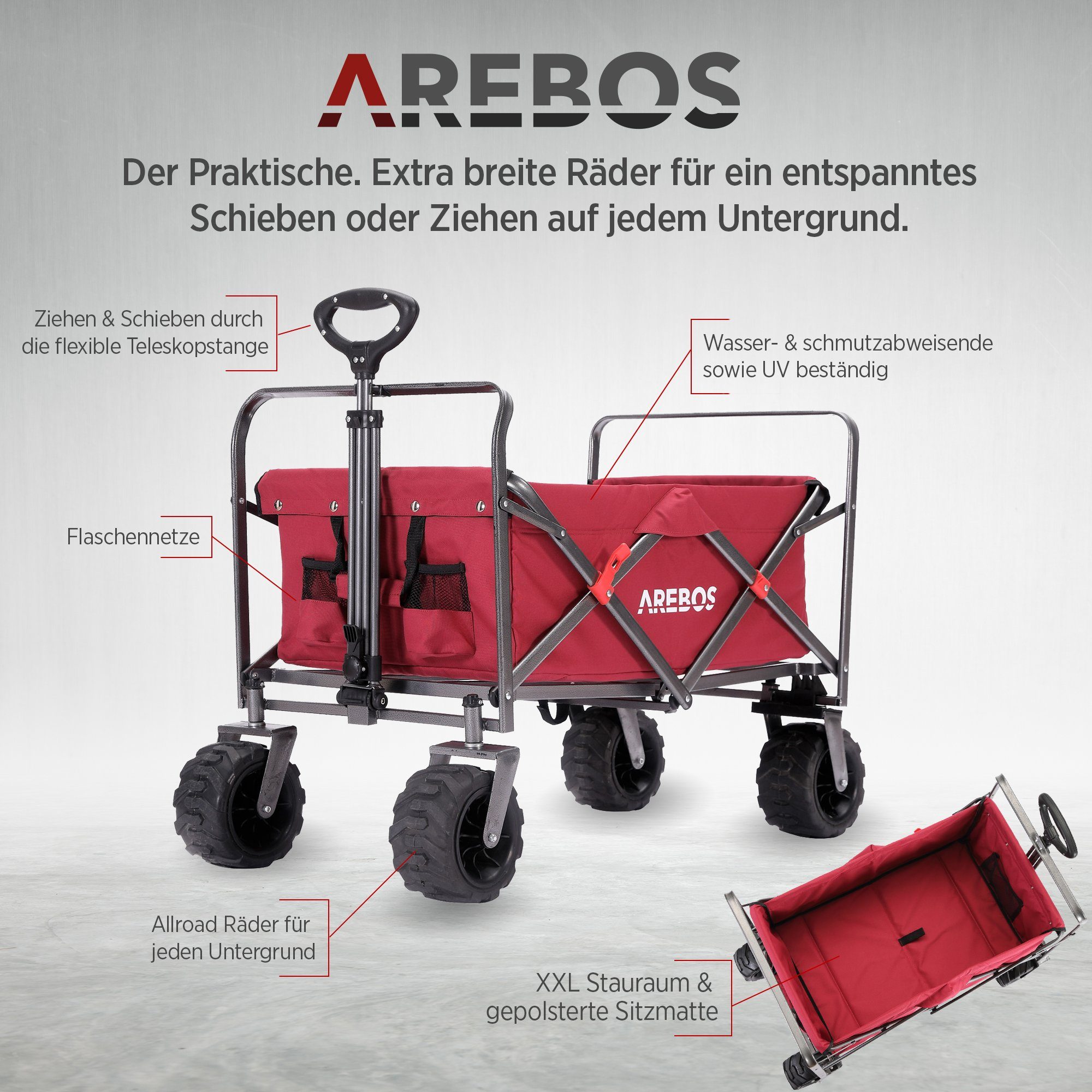 Arebos Bollerwagen faltbar mit 100 kg Tragkraft – Transportkarre für Garten & Freizeit (Teleskopstange), bis zu 100 Kg