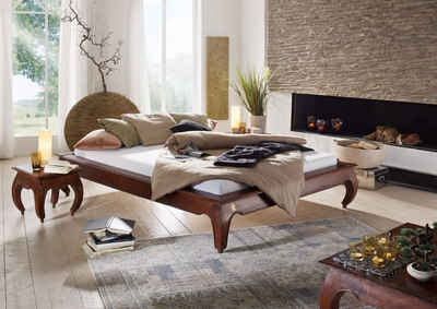 Massivmoebel24 Massivholzbett OPIUM (Bett aus robustem Massivholz, massives Holzbett Bettgestell, Doppelbett im orientalischen Stil, in braun lackiert 160x200 Akazie)