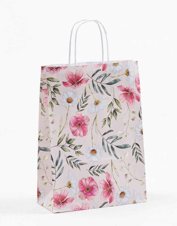 Poller GmbH Vogtland Tragetasche Papiertragetasche mit Kordel, "Blütenpracht", 22 + 10 x 31 cm, 5 Stück (5-tlg)