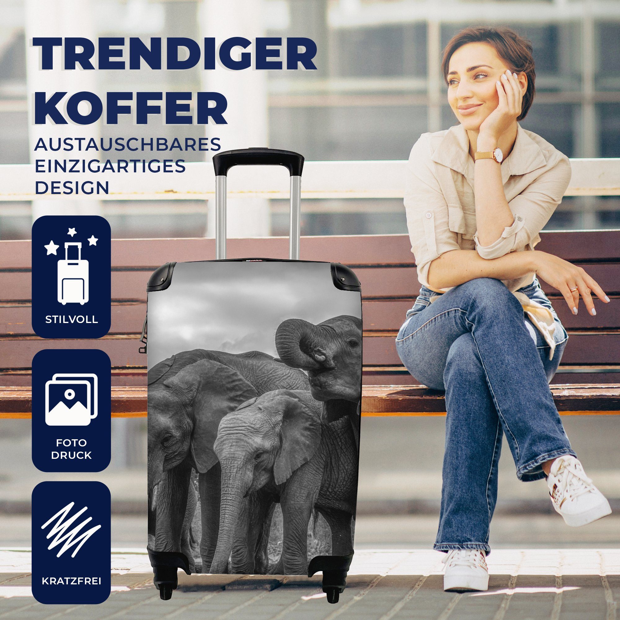 MuchoWow Handgepäckkoffer Reisetasche - 4 Elefant Trolley, Tiere Reisekoffer für Ferien, rollen, Handgepäck - mit Schwarz weiß, - Rollen, Wasser und