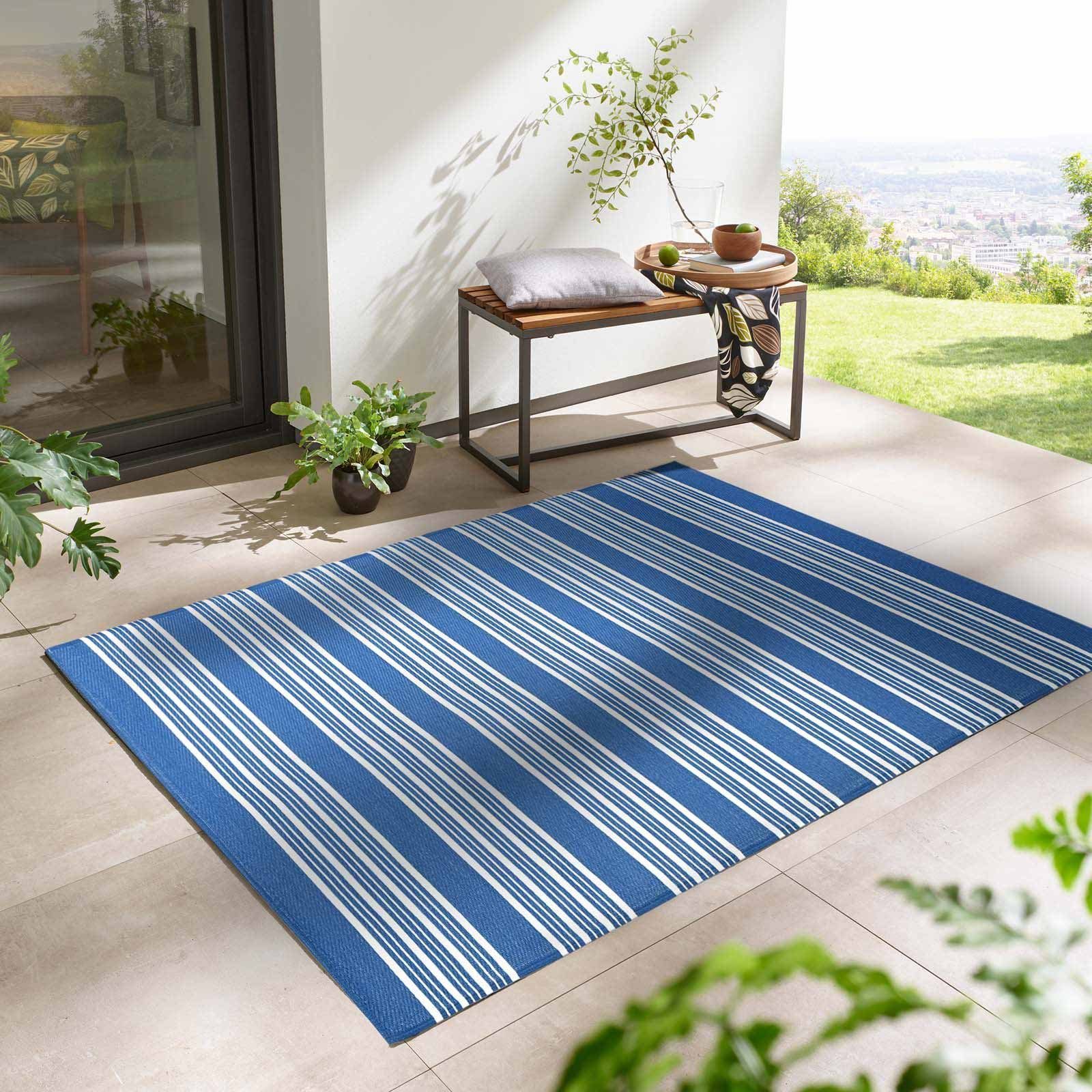 Teppich TaraCarpet Outdoor Teppich Santa Monica wetterfest, TaraCarpet, rechteckig, Höhe: 3 mm, Kurzflor blau gestreift Balkon Garten Terrasse Camping 080x150 cm