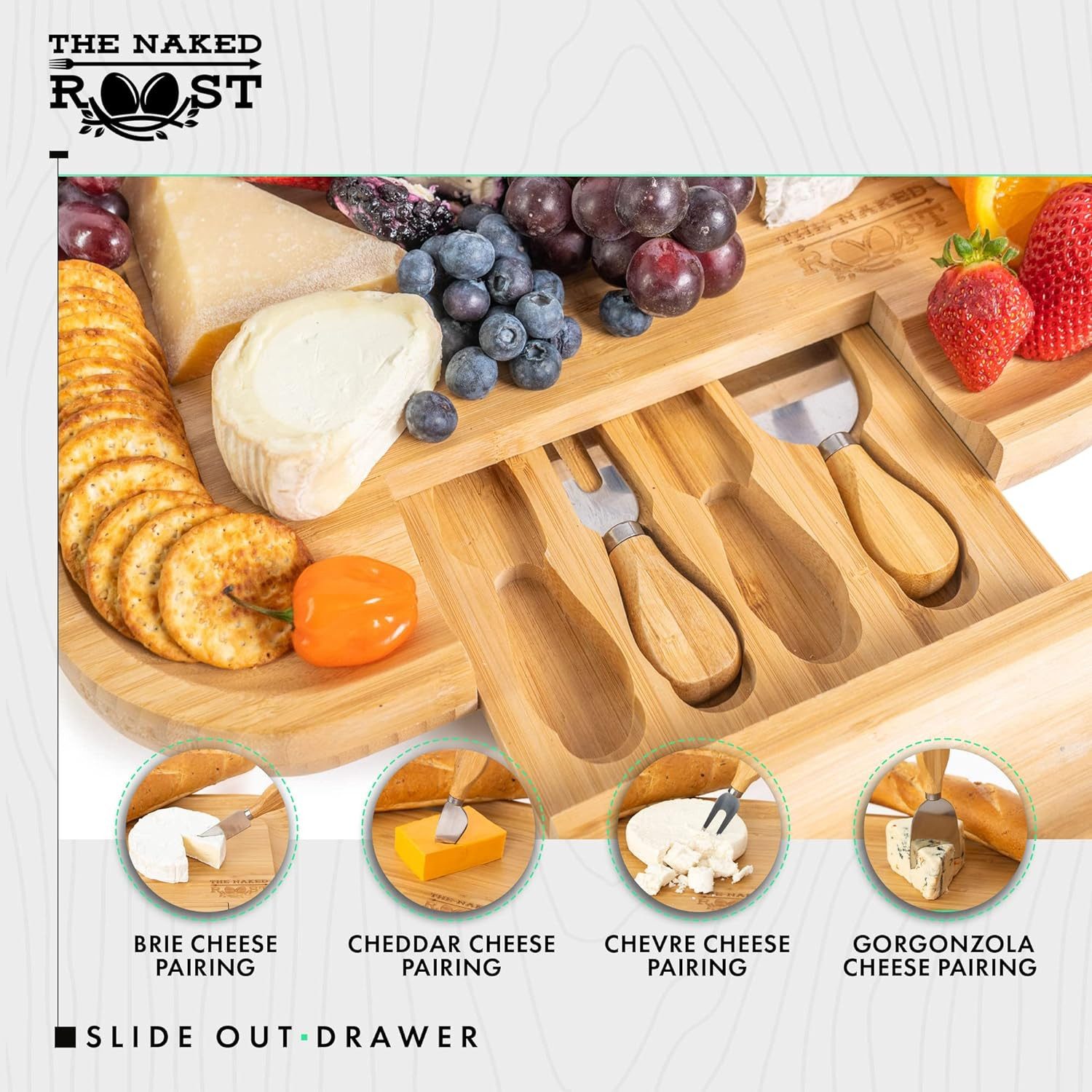 hausleben Käsebrett Bambus-Käsebrett und Messer-Set – Holz-Charcuterie-Brett, Bambus, (Set, 1-St., 1 Käsebrett mit 4 Käsemessern), Ledergriffen und herausziehba – Bild 5 von 5