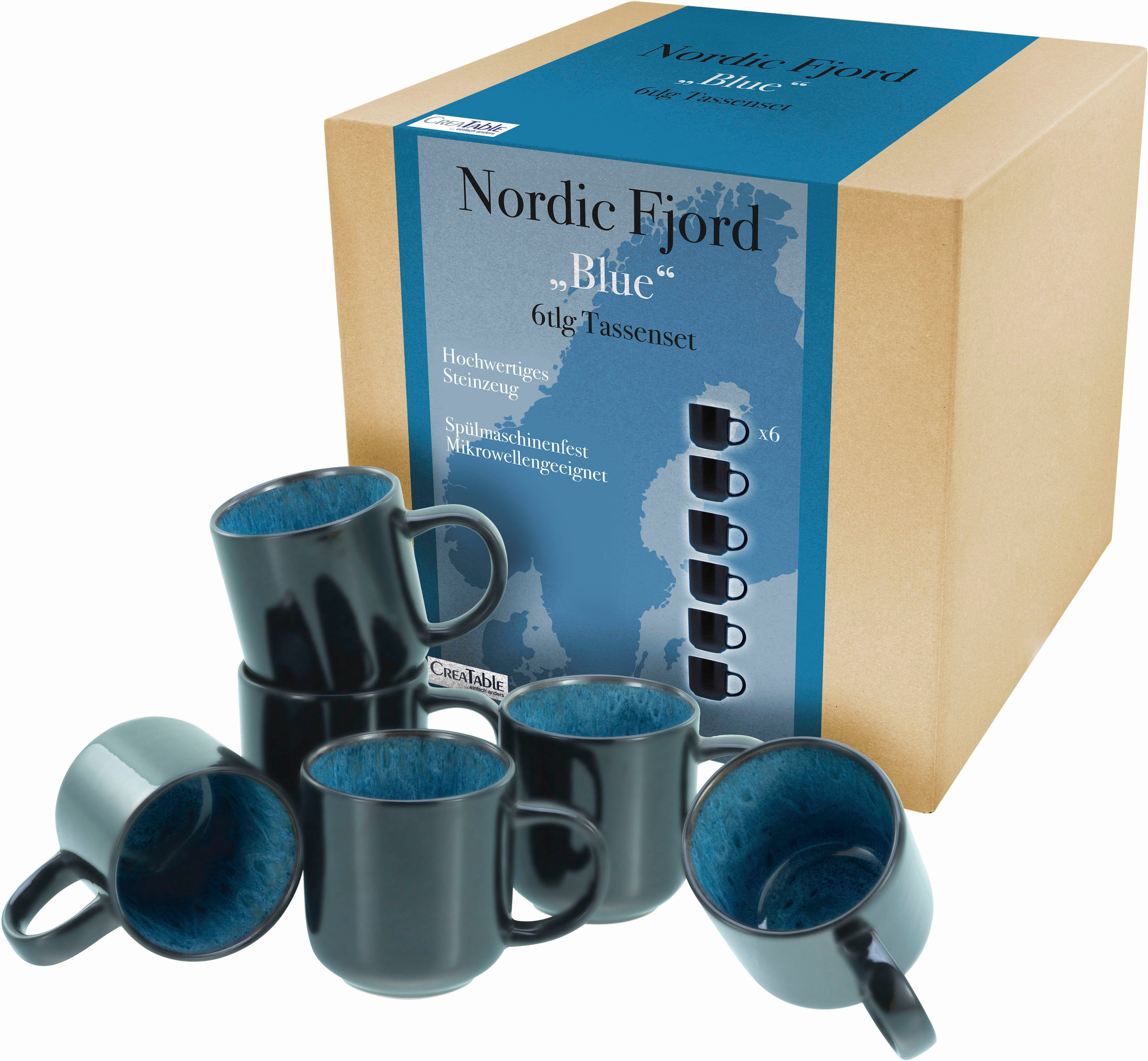 CreaTable Becher Nordic Fjord, Steinzeug, Kaffeebecher, Tassen Set, 6-teilig, 285 ml | Becher