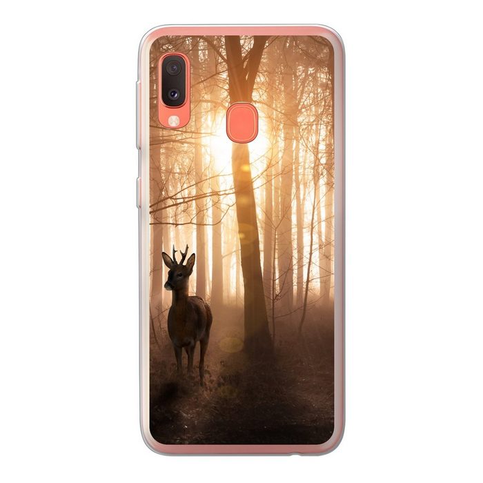 MuchoWow Handyhülle Wald - Hirsche - Sonne - Bäume - Winter - Natur - Tiere Handyhülle Samsung Galaxy A20e Smartphone-Bumper Print Handy