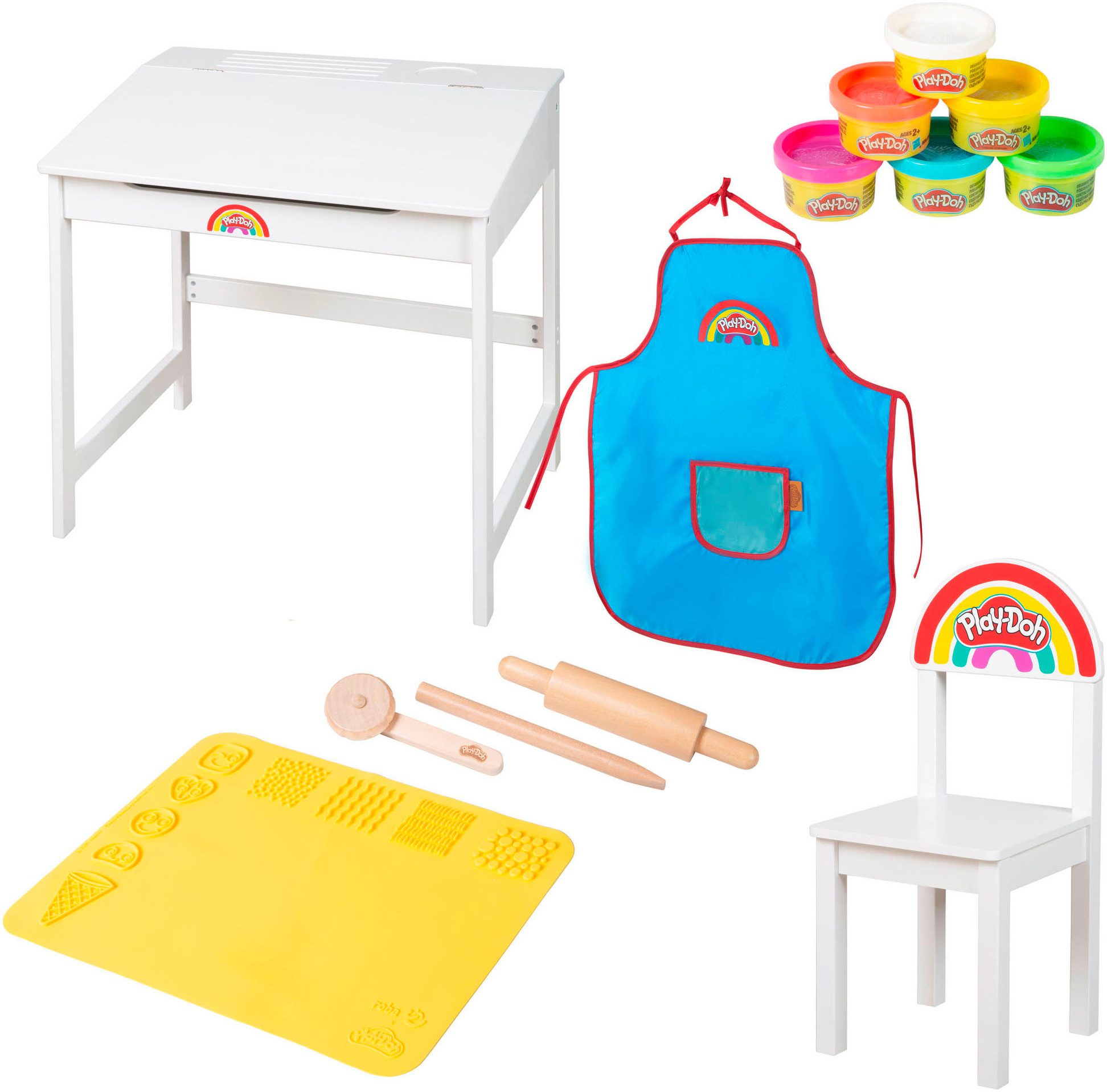 roba® Kindersitzgruppe Play-Doh Schulpult, (Set), inkl. 3D-Kreativmatte, 6 Knetdosen, Schürze