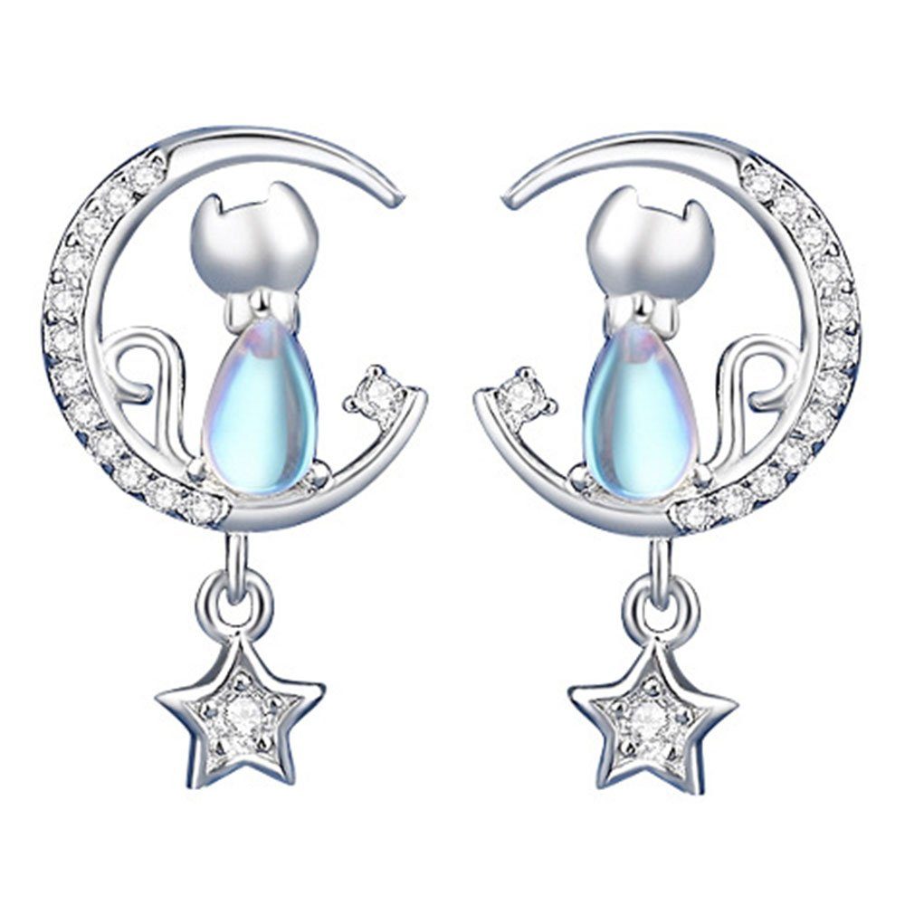 Haiaveng Paar Ohrhänger s925 Sterling Silber Ohrringe für Frauen, Mondstein-Ohrringe, Stern und Mond Katze Ohrstecker