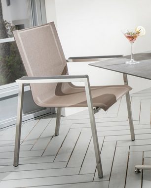 Destiny Garten-Essgruppe ALTOS II LOFT, (Set, 4-tlg), 3 Stapelsessel taupe mit Tisch 80x80 cm, HPL Tischplatte betongrau