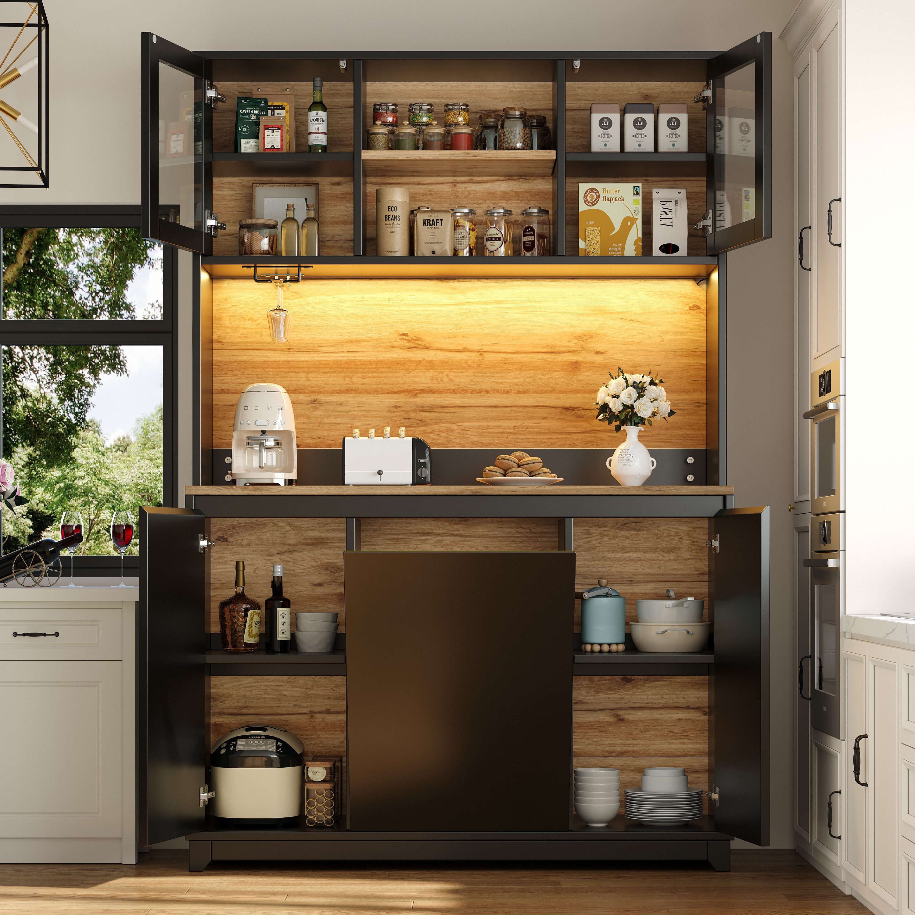 Flieks Küchenbuffet mit LED-Beleuchtung, Acryltüren, Gläserhalter und Klappen (120×40×180 cm, 1-St) Hoschschrank Küchenschrank Buffetschrank mit verstellbare Ablagen