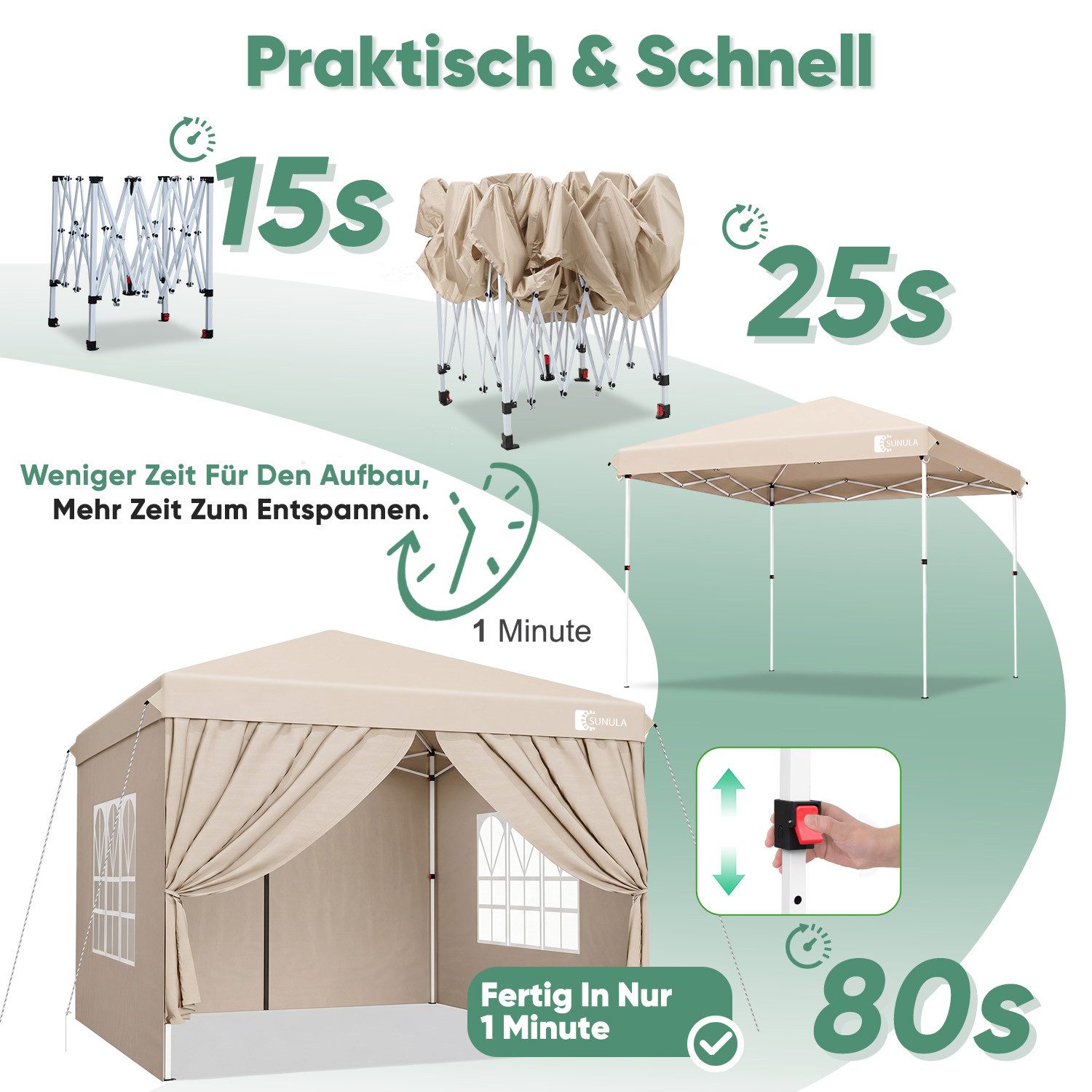 SUNULA Faltpavillon 3x3 m Pavillion Wasserdicht Pop Up Gartenpavillon Winterfest, mit 4 Seitenteilen, (inkl. 4 Seitenteile), Faltpavillon 3x3 mit 4 Seitenteilen – Bild 2 von 5