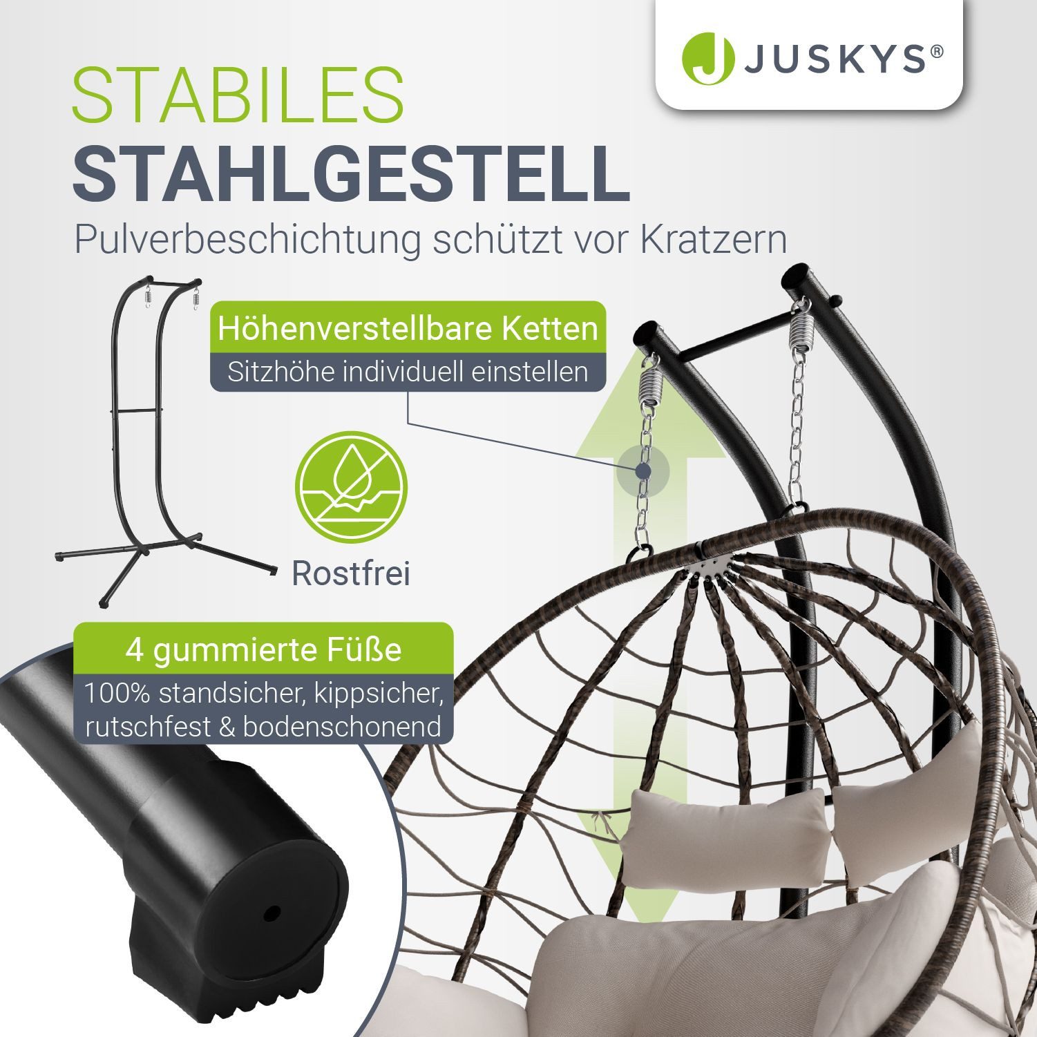 Juskys Hängesessel Aria, Polyrattan Doppelhängesessel, Schaukel mit Gestell & Kissen
