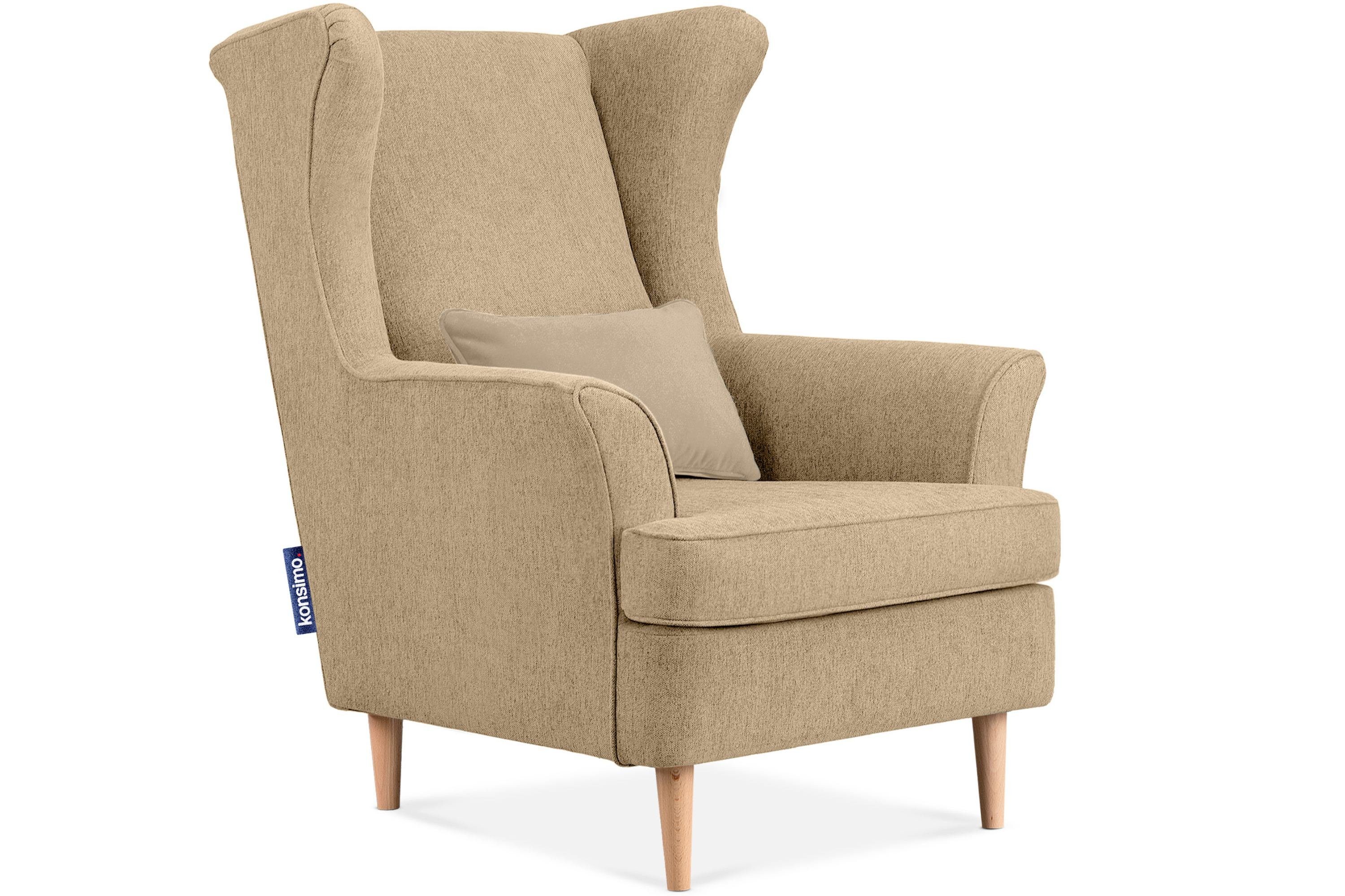 Konsimo Ohrensessel STRALIS Sessel, Füße, Kissen Design, inklusive dekorativem hohe zeitloses