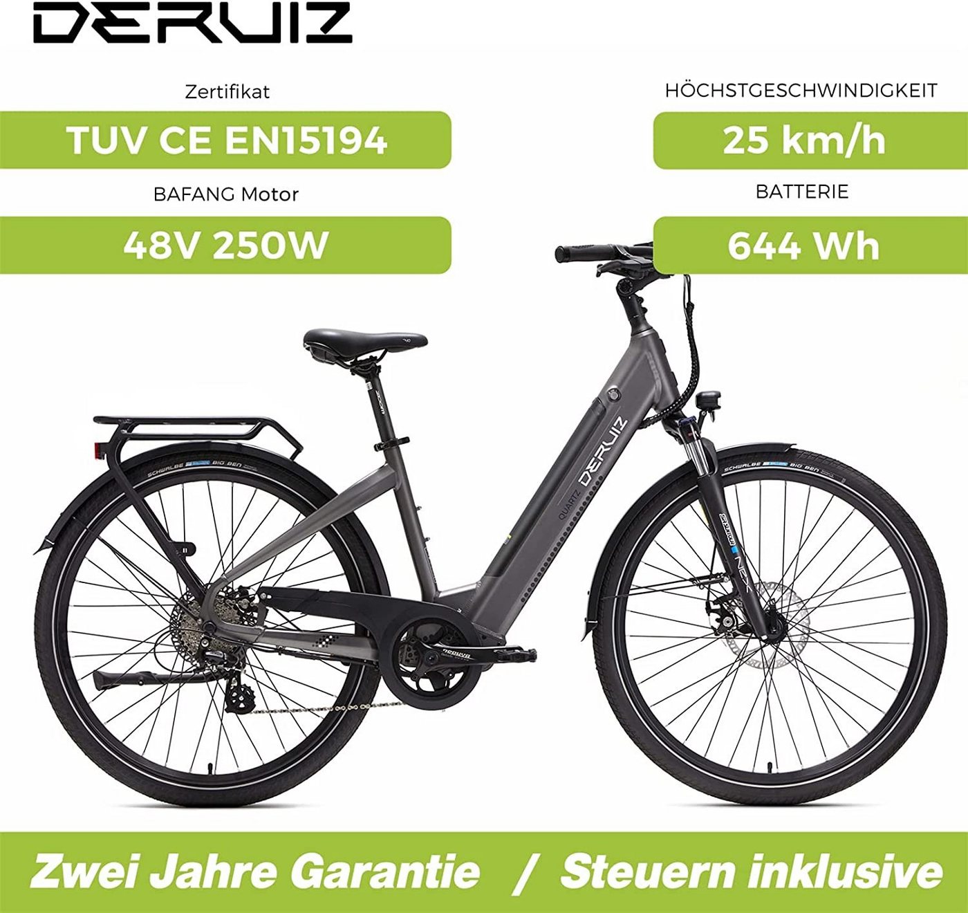 Thumbnail - DERUIZ E-Bike Cityrad 2025 Quartz 28 Zoll Elektro Fahrrad, 644 wh E-City Bike Maximal 160km, 8 Gang SHIMANO Altus RD-M31...