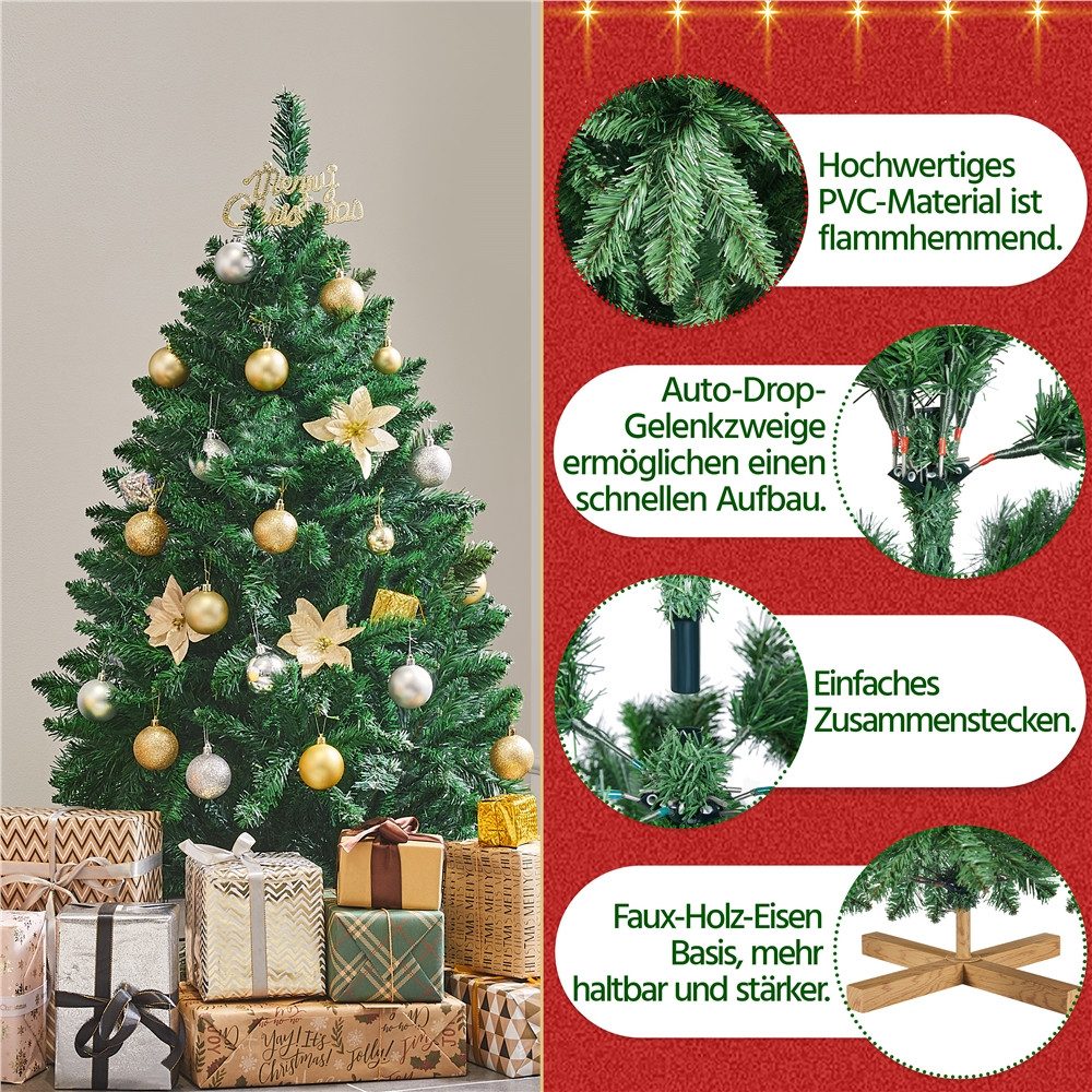 Yaheetech Künstlicher Weihnachtsbaum 124/152,5/183/213,5 cm H, Stabiler Christbaum Metallständer mit Holzmaserung