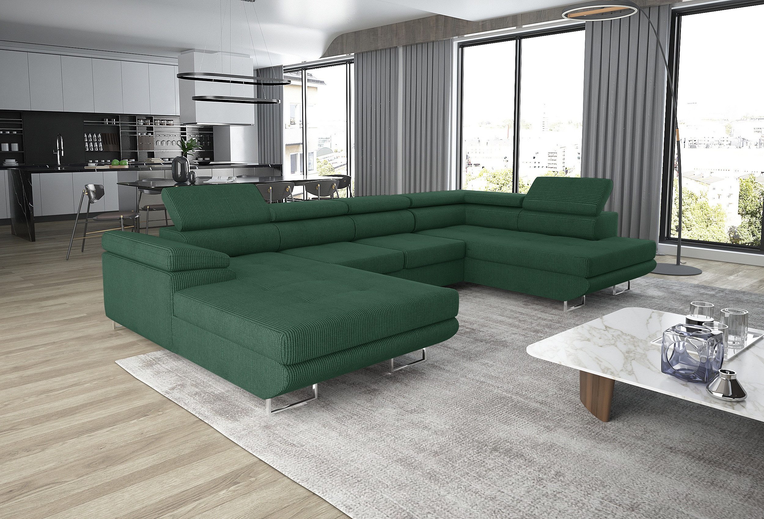 thematys Ecksofa GRENADA in Samt Monolith oder Cord Poso Stoff 355 x 162 cm, U-Form 3 Teile XL-Wohnlandschaft mit Schlaffunktion und Bettkasten