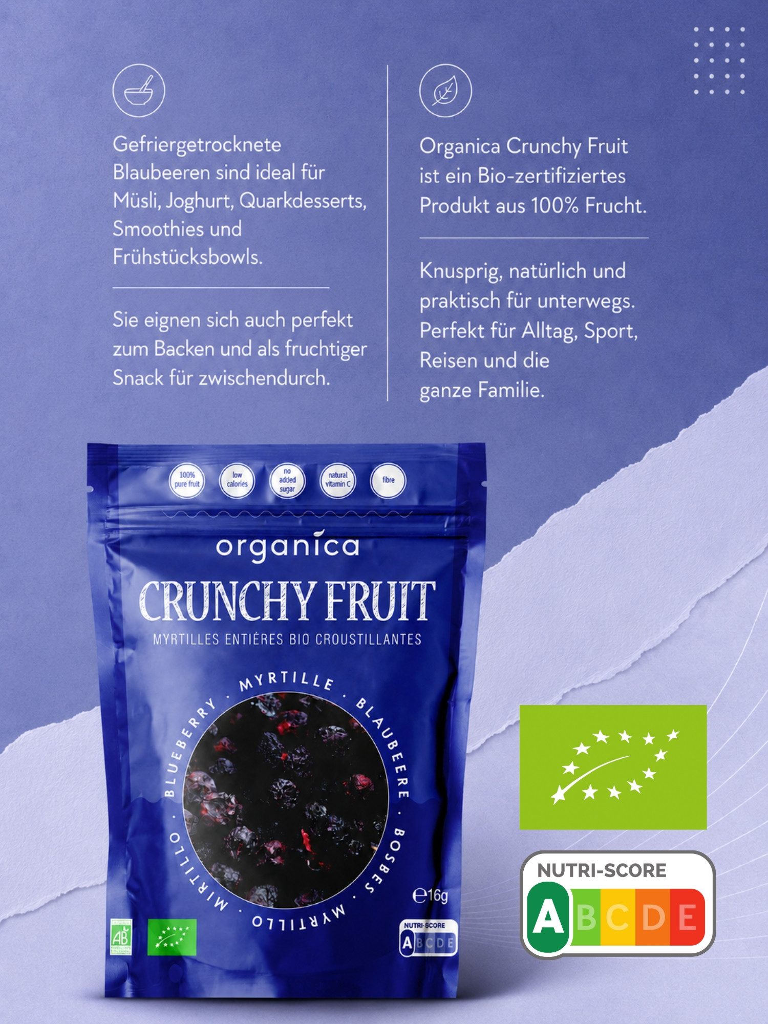 Organica Trockenfrüchte Gefriergetrocknete Bio-Blaubeeren, Getrocknete Heidelbeeren, 1 x, Bio-zertifiziert, 100 % Frucht, Ohne Zuckerzusatz, Nutri-Score A